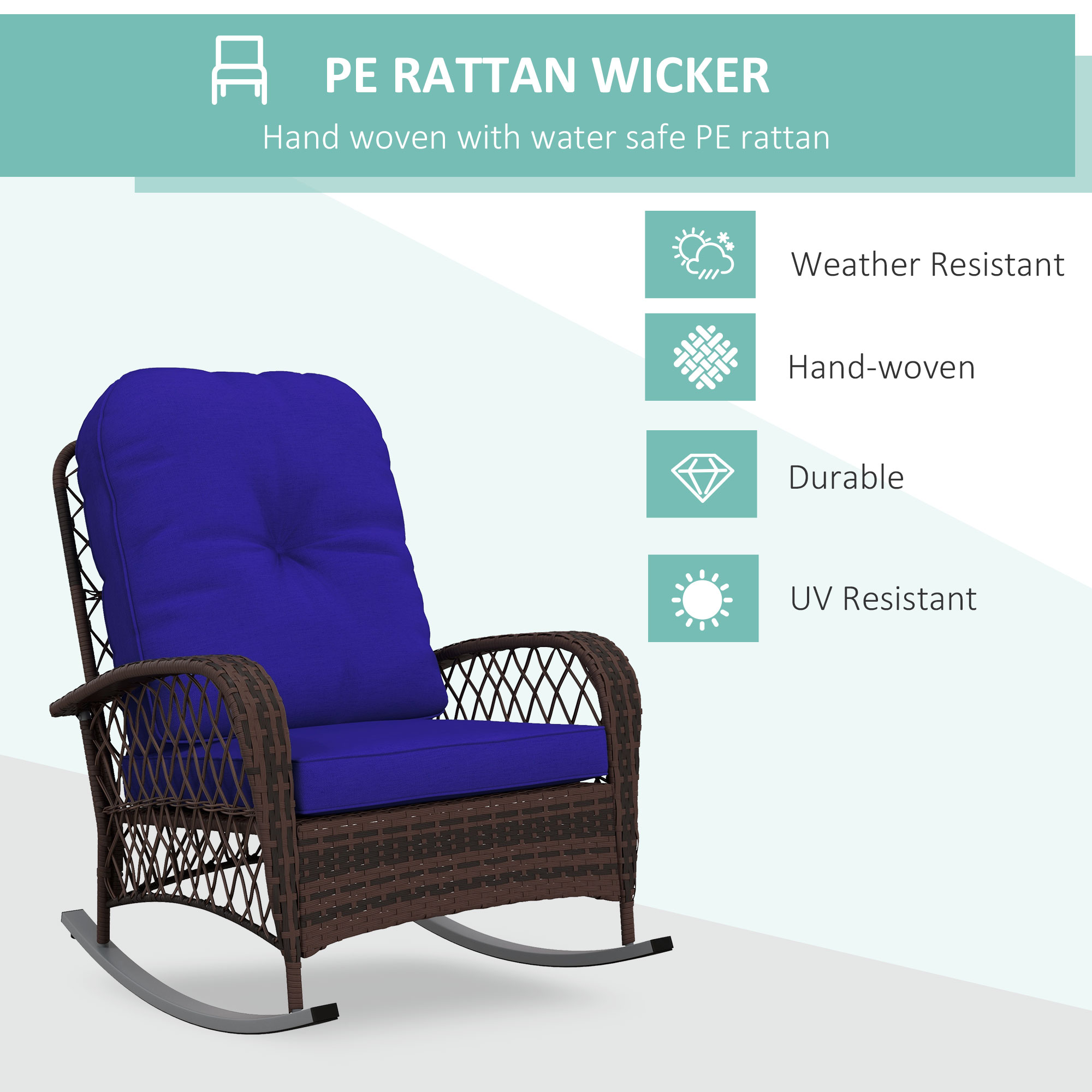 Outdoor Wicker Rattan Rocking Chair Patio Rocker with Thick Cushions for Garden Backyard Porch, Dark Blue - Image 2