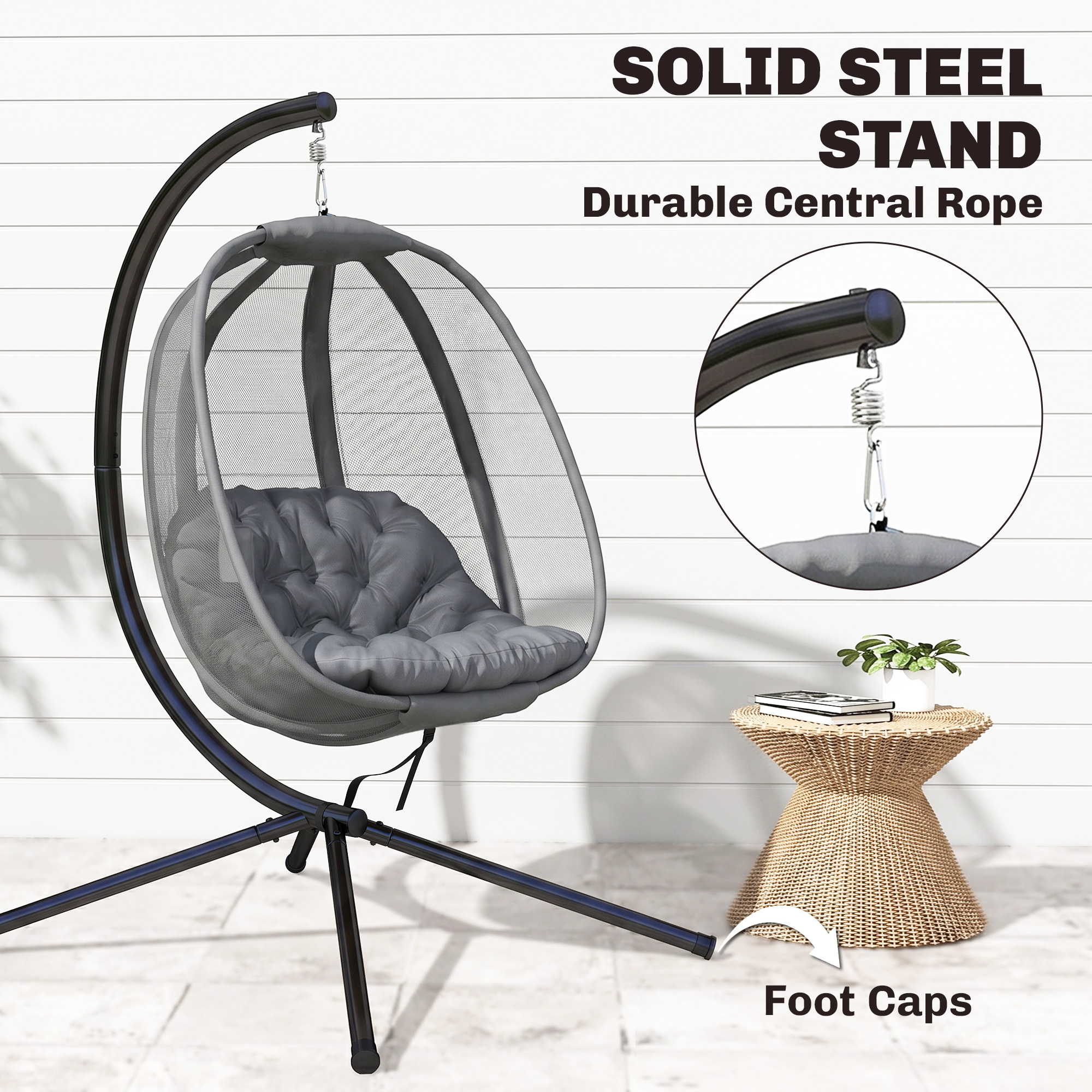 Hanging Egg Chair, Outdoor Indoor Swing Chair with Stand, Folding Basket and Thickened Cushion, Grey - Image 4