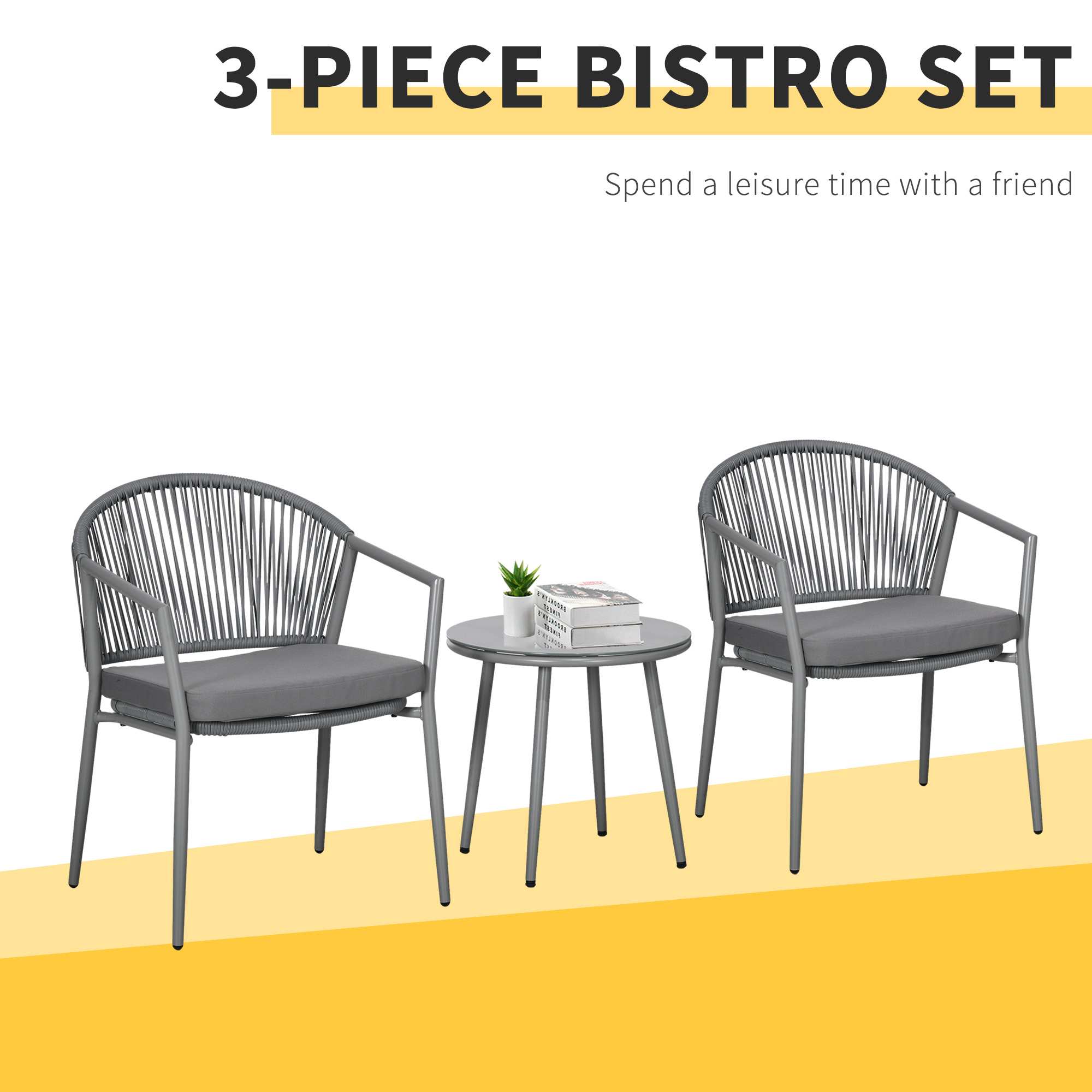 3-Piece Rattan Bistro Set, Garden Seating Group with 2 Armchairs and Coffee Table, Balcony Furniture Set, Grey - Image 2