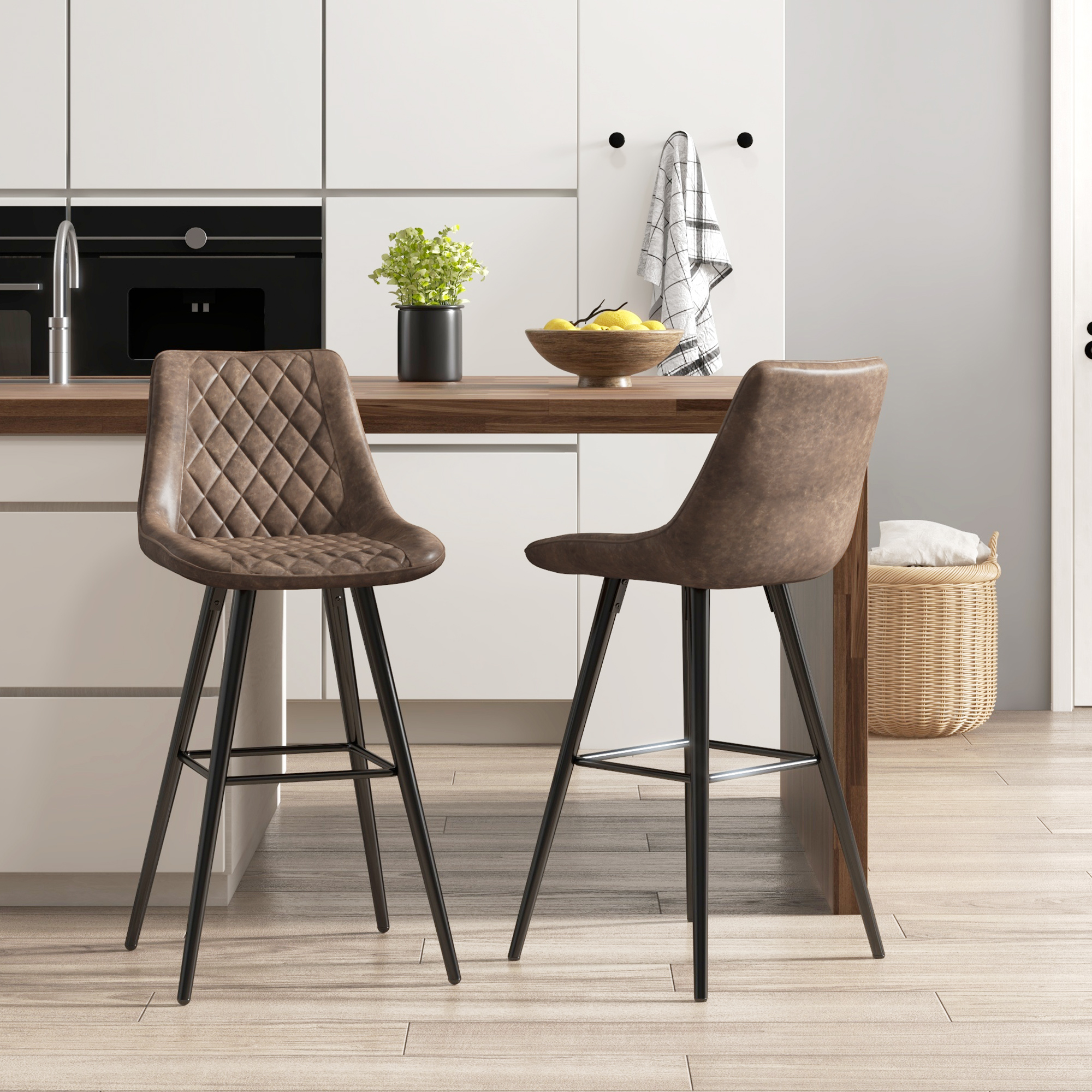 PU Leather Counter Height Bar Chairs Set of 2, 27.75" Bar Stools with Metal Legs for Dining Area, Kitchen Island, Brown - Image 6