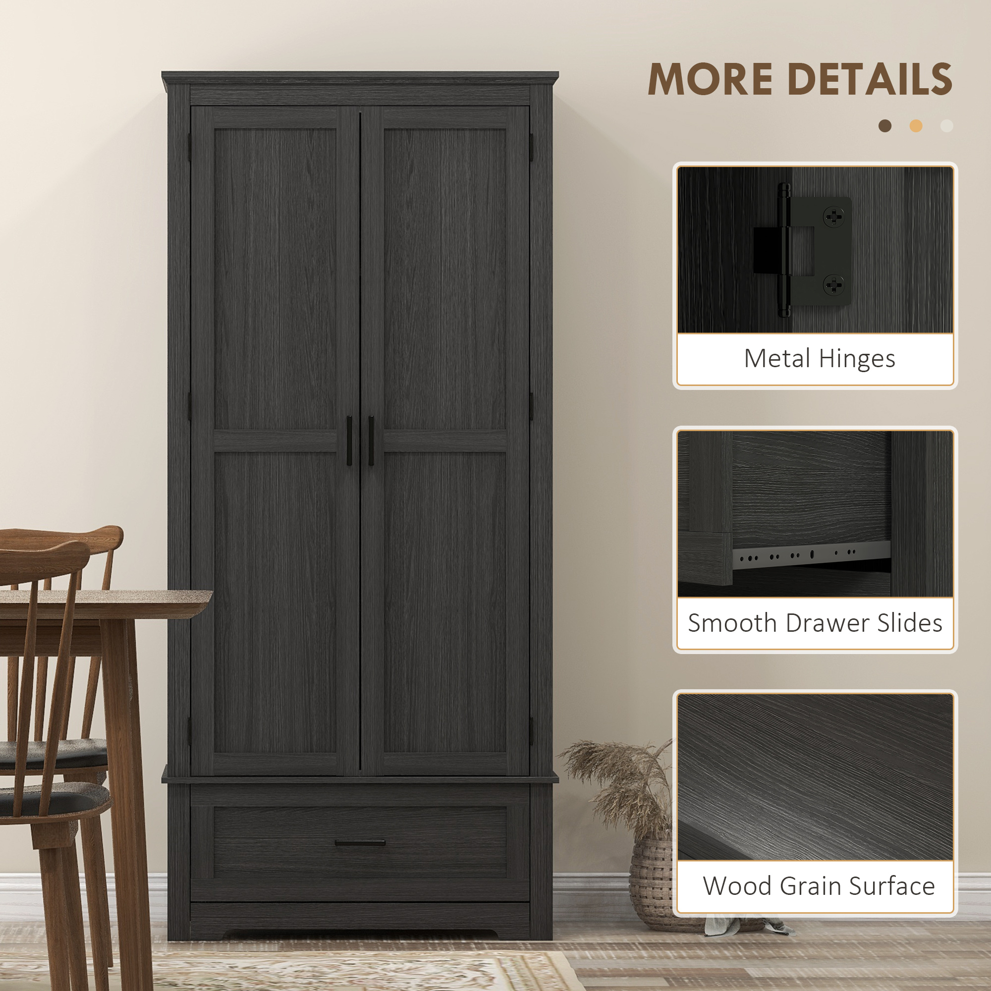 69" Tall Farmhouse Kitchen Pantry Cabinet with 2 Doors, Drawer and Adjustable Shelves, Black Wood Grain - Image 5