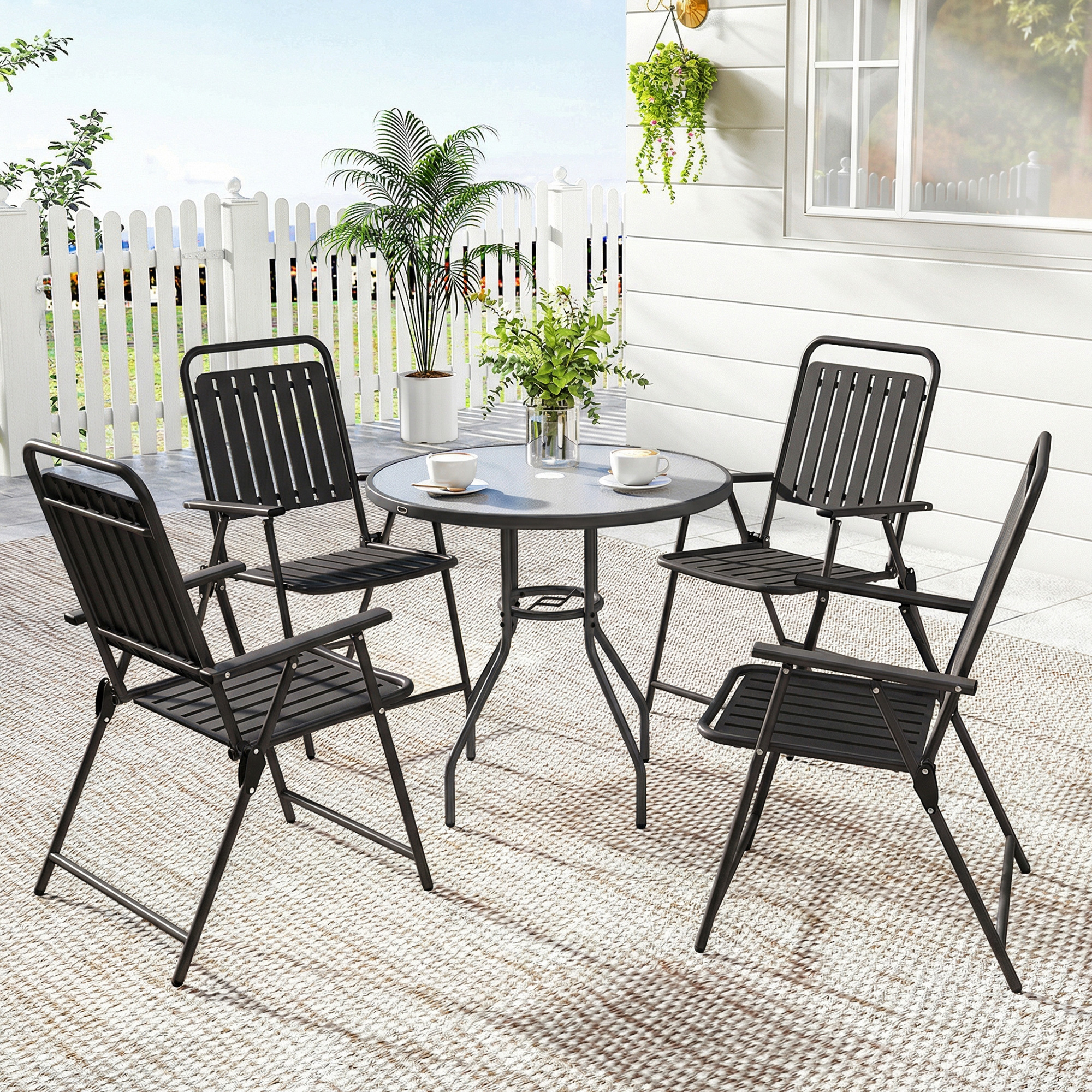 Folding Garden Chairs, Garden Dining Chairs with Plastic Slatted Seat Back, Armrests, Steel Frame, Set of 4, Black - Image 6