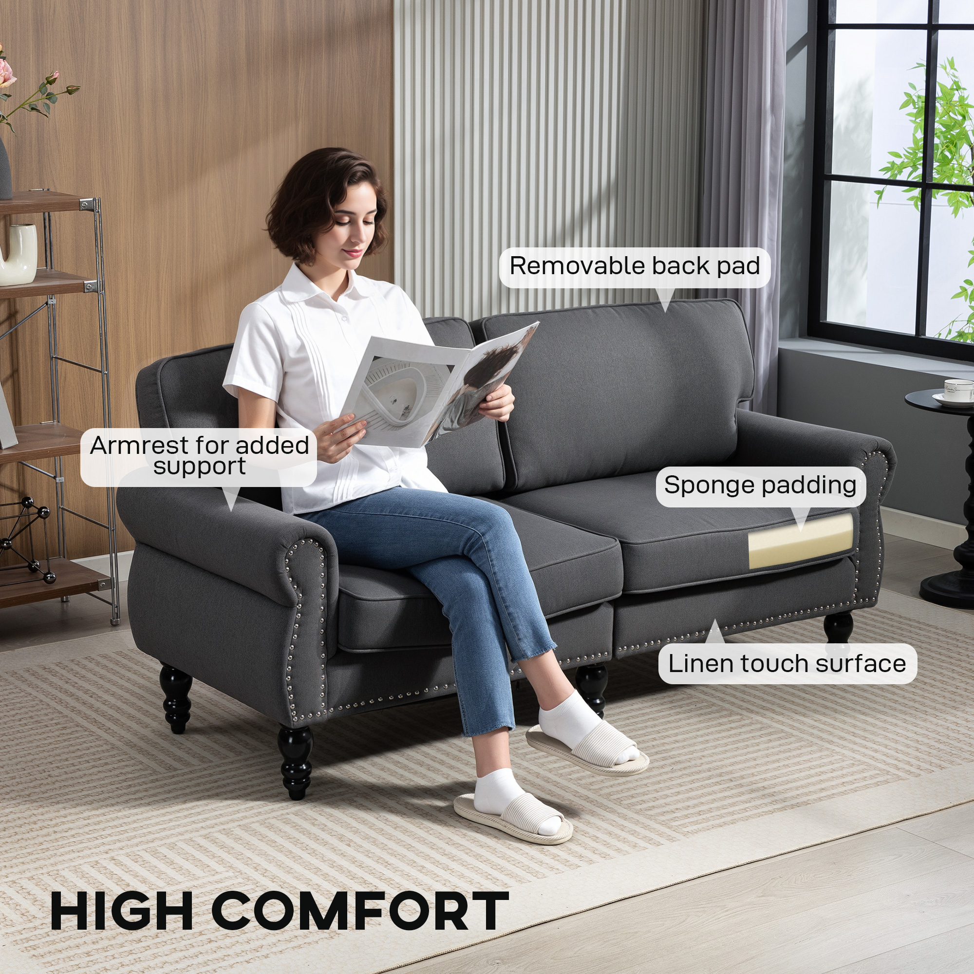 Stylish Midback Double Sofa with Sponge Padding, 2 Seater Sofa Couch, with Rubber Wood Leg, Dark Grey - Image 3