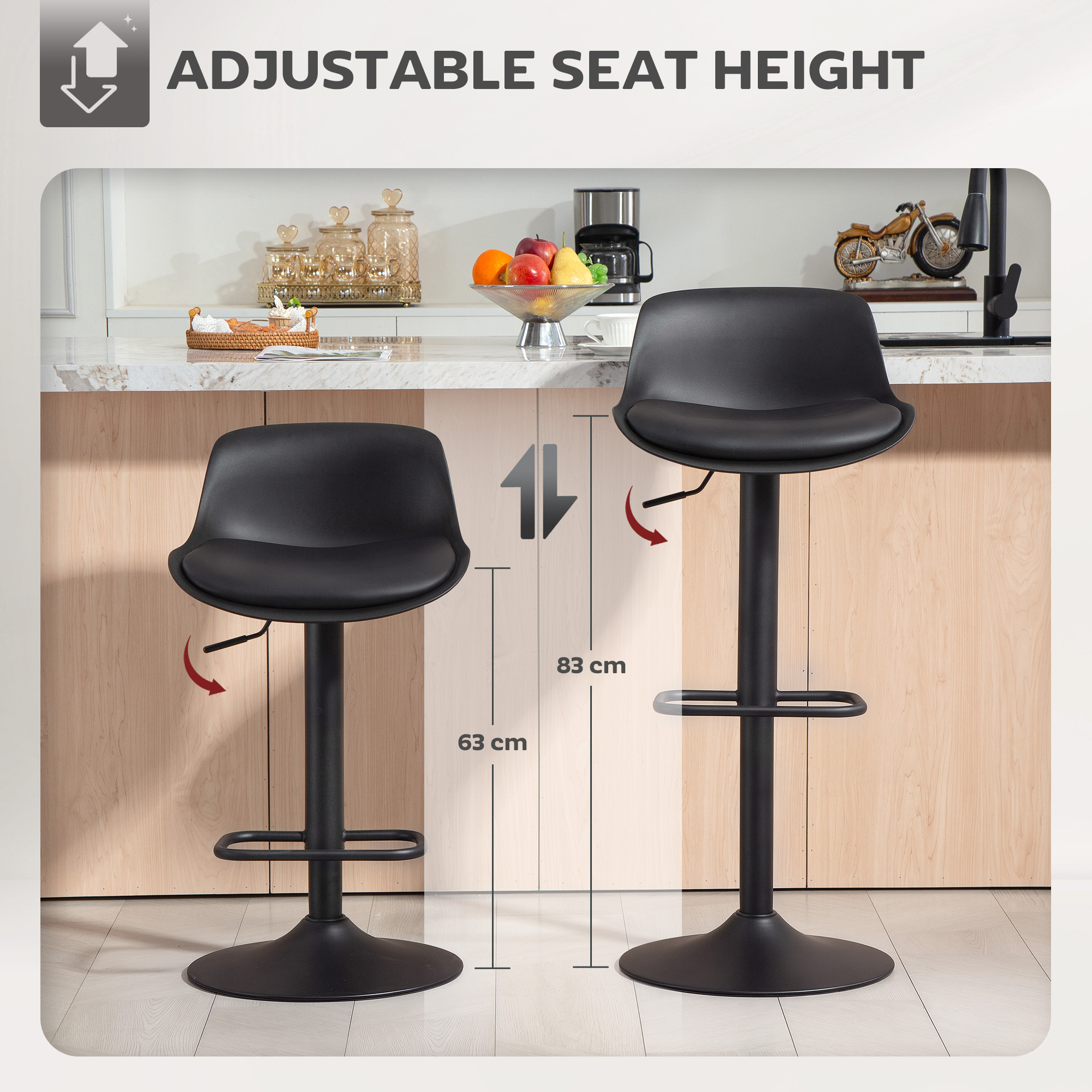 Counter Height Bar Stools Set of 2, Streamlined Bar Chairs with Adjustable Height and Swivel PU Leather Seat, Black - Image 2