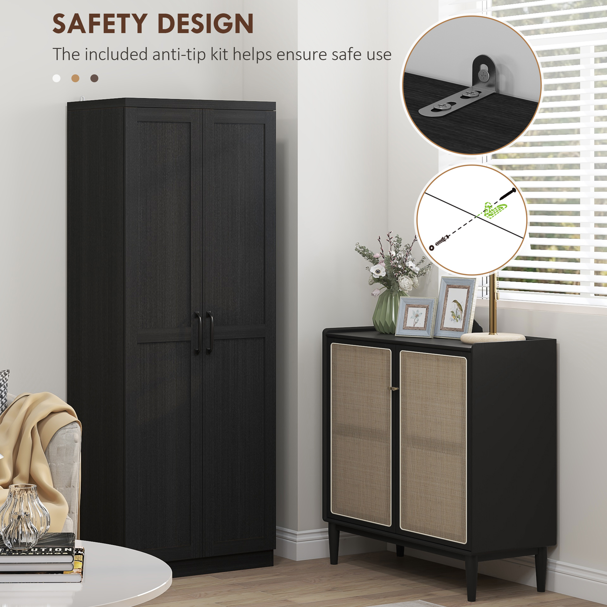 63" Kitchen Storage Cabinet, 5-tier Pantry Cabinet with Doors and Adjustable Shelves for Dining Room, Black - Image 4