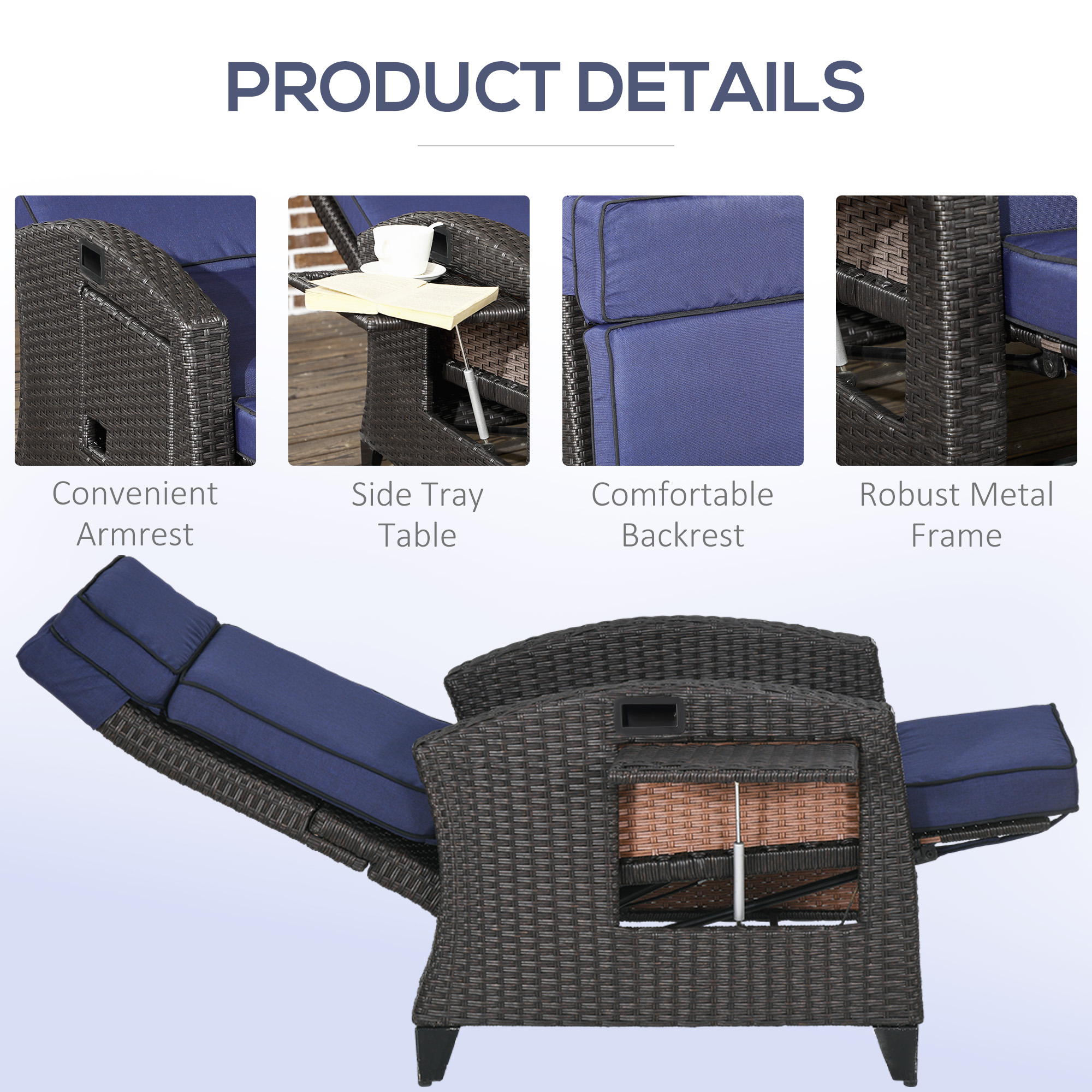 Outdoor Recliner Chair with Adjustable Backrest, Cushion, Side Tray, Blue - Image 4