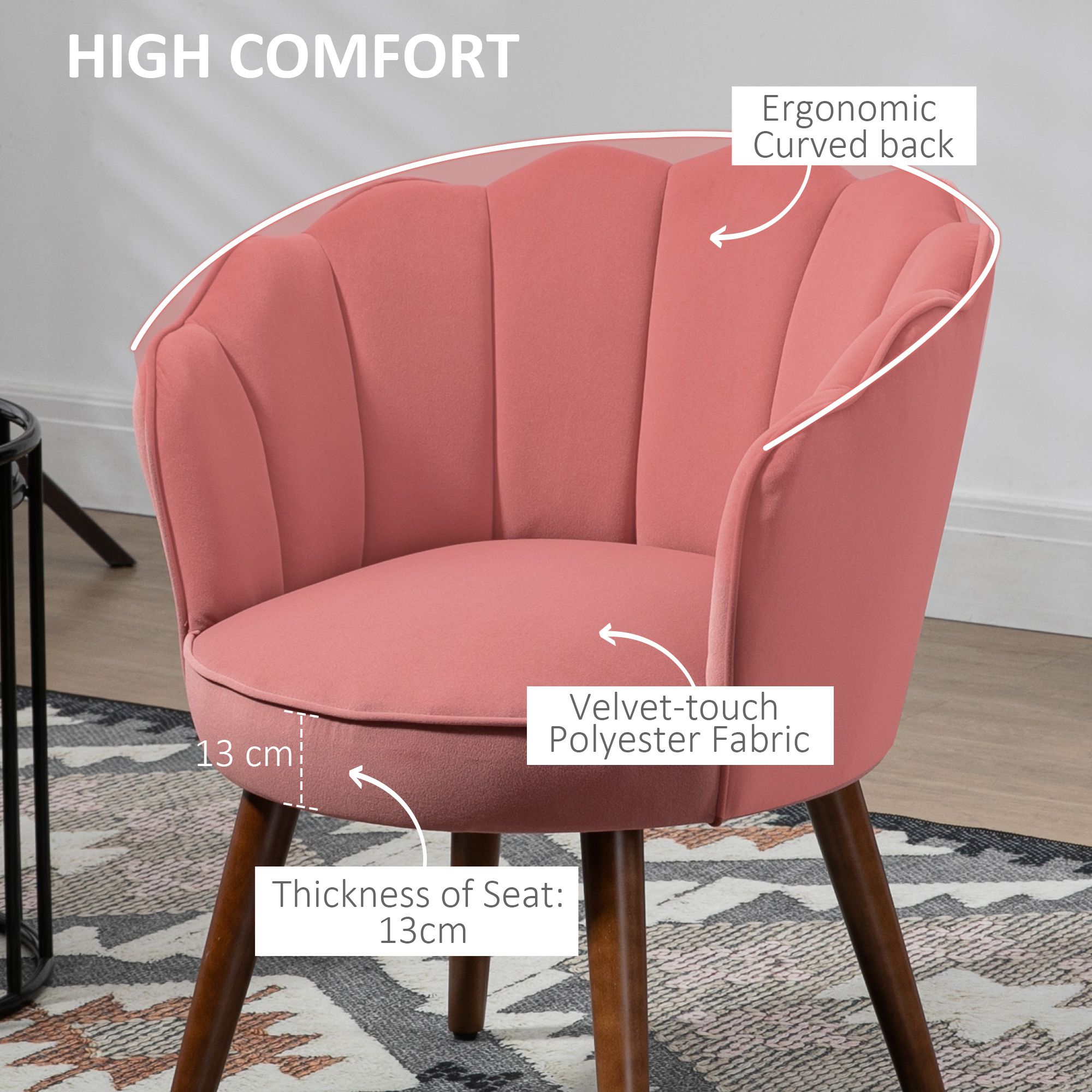 Modern Vanity Chair, Velvet-feel Fabric Leisure Accent Chair with Wood Legs for Living Room, Pink - Image 3