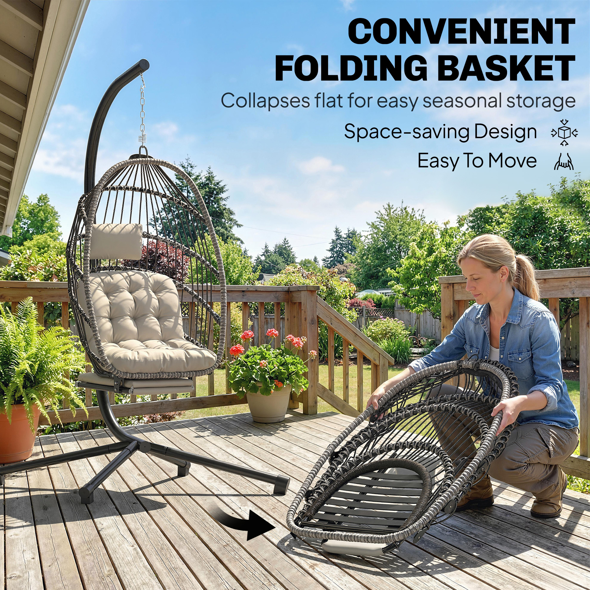 Outdoor Hanging Egg Chair with Retractable Footrest Swing Chair with Metal Stand Light Grey - Image 3