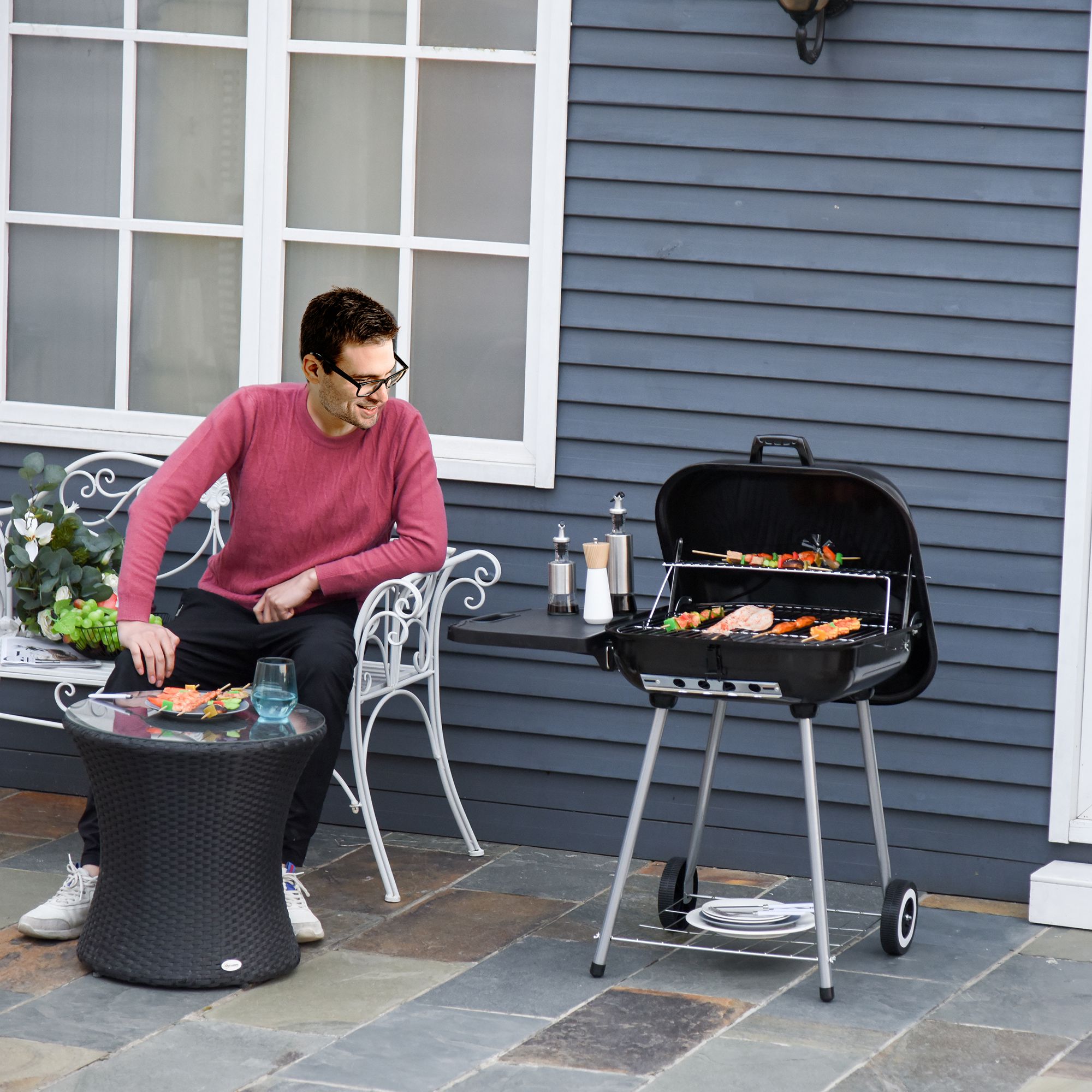 Charcoal BBQ Grill with Warming Rack & Storage Side Table, Portable Barbecue Smoker, 89 x 60 x 83 cm, Black - Image 6
