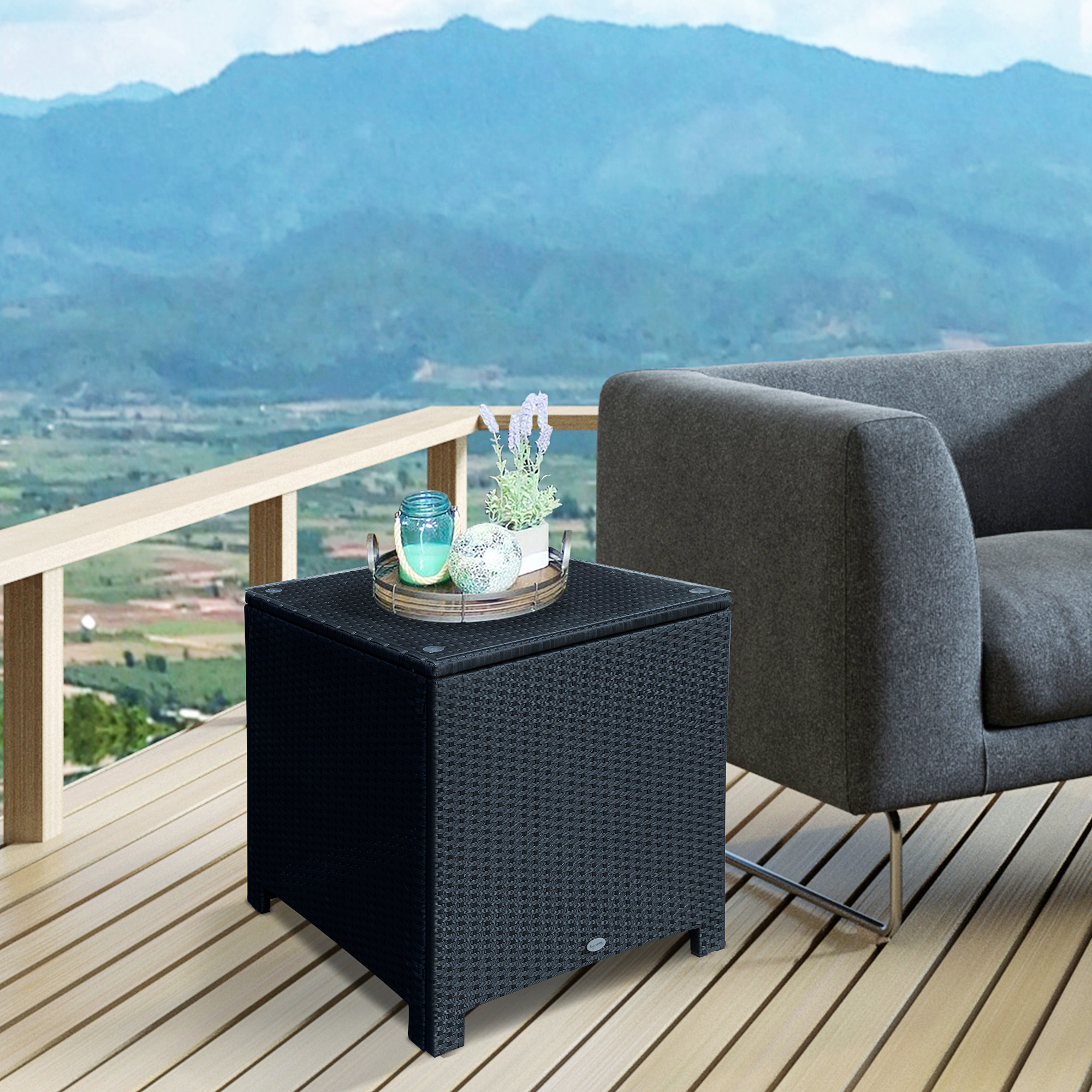 Rattan Side Table Wicker Coffee Table with Glass Top Outdoor Patio Furniture For Patio Poolside Garden Lawn, Black - Image 6