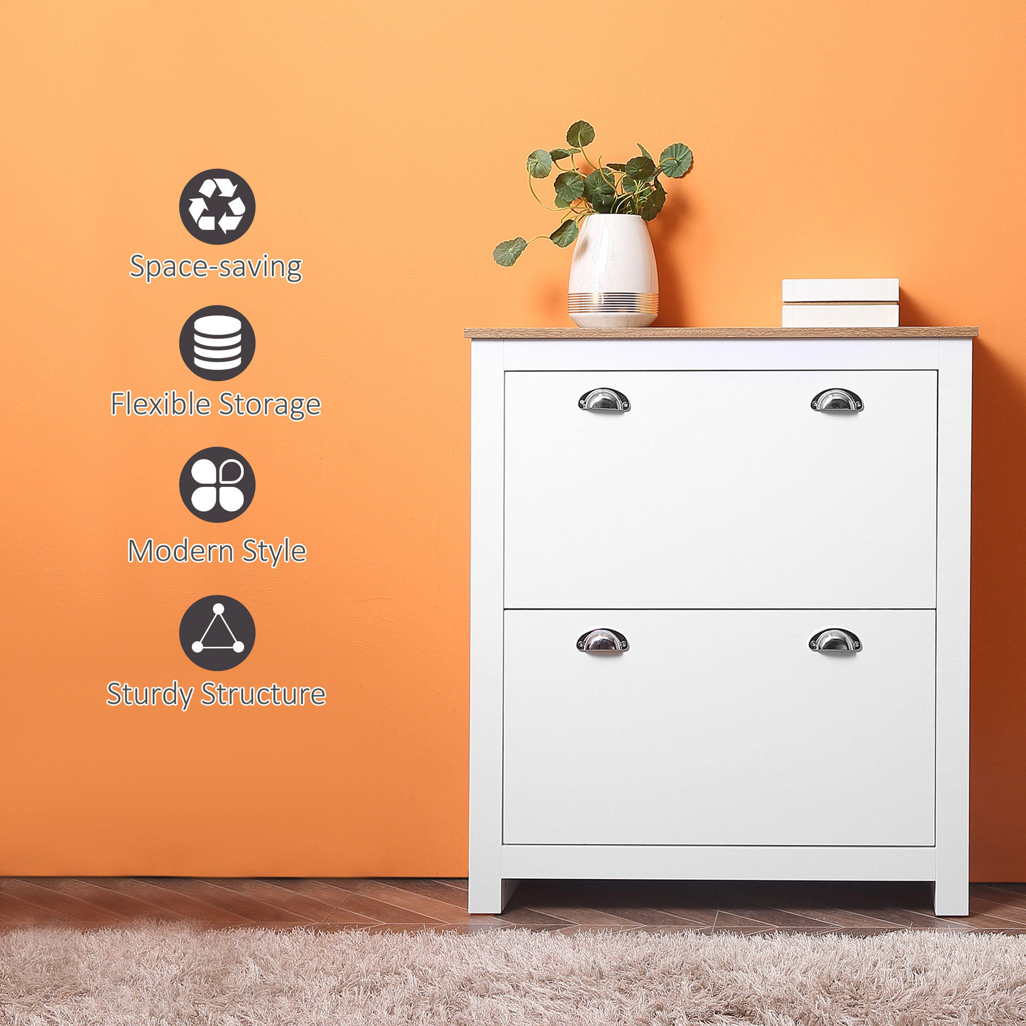 Modern Shoe Cabinet with 2 Flip Drawers and Adjustable Shelves, 12 Pair Shoe Storage Organizer for Hallway, White - Image 5