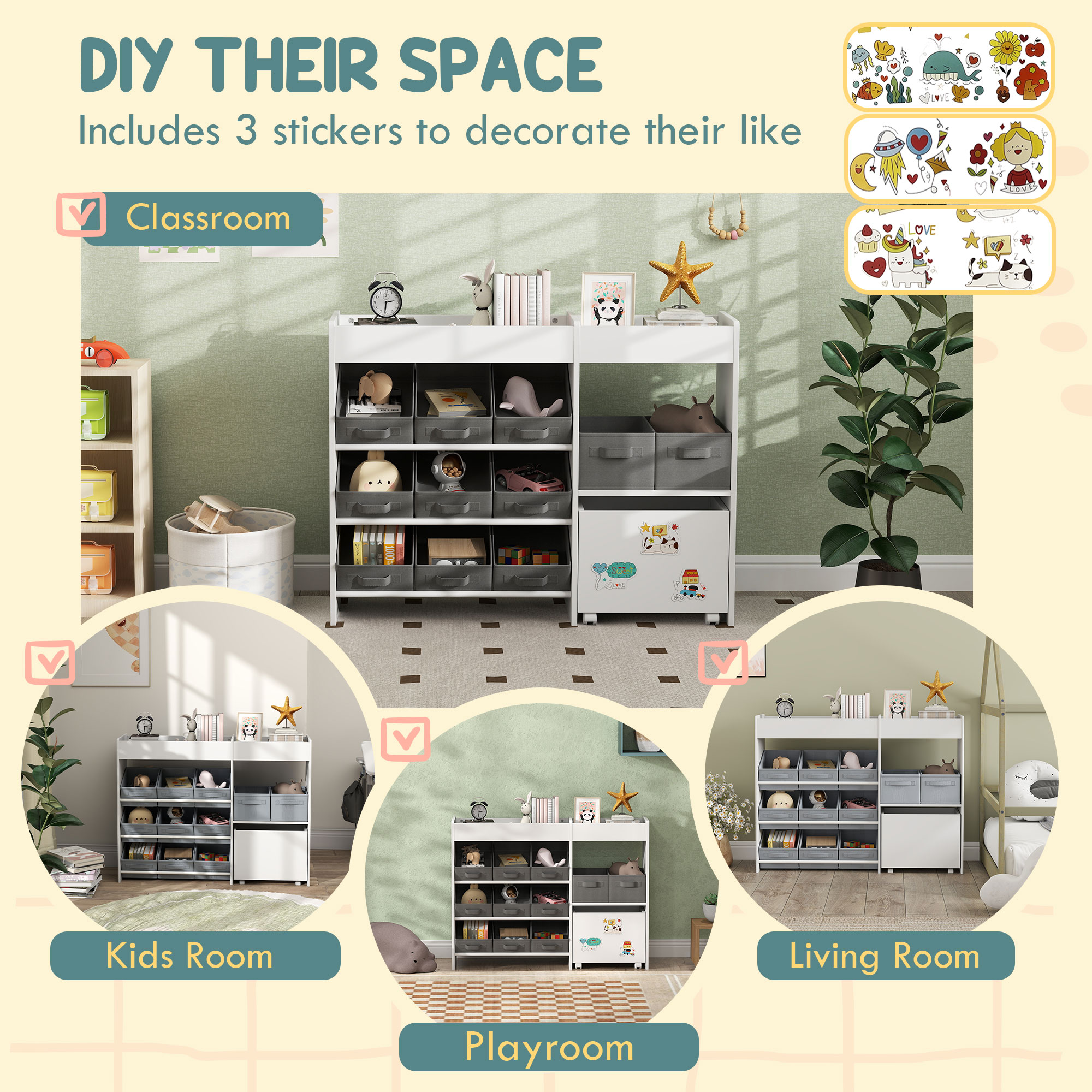 Qaba Kids Toy Storage Organizer with 11 Bins, Moveable Cabinet, Top Shelves, 3 Stickers, for Nursery, Playroom, White - Image 4