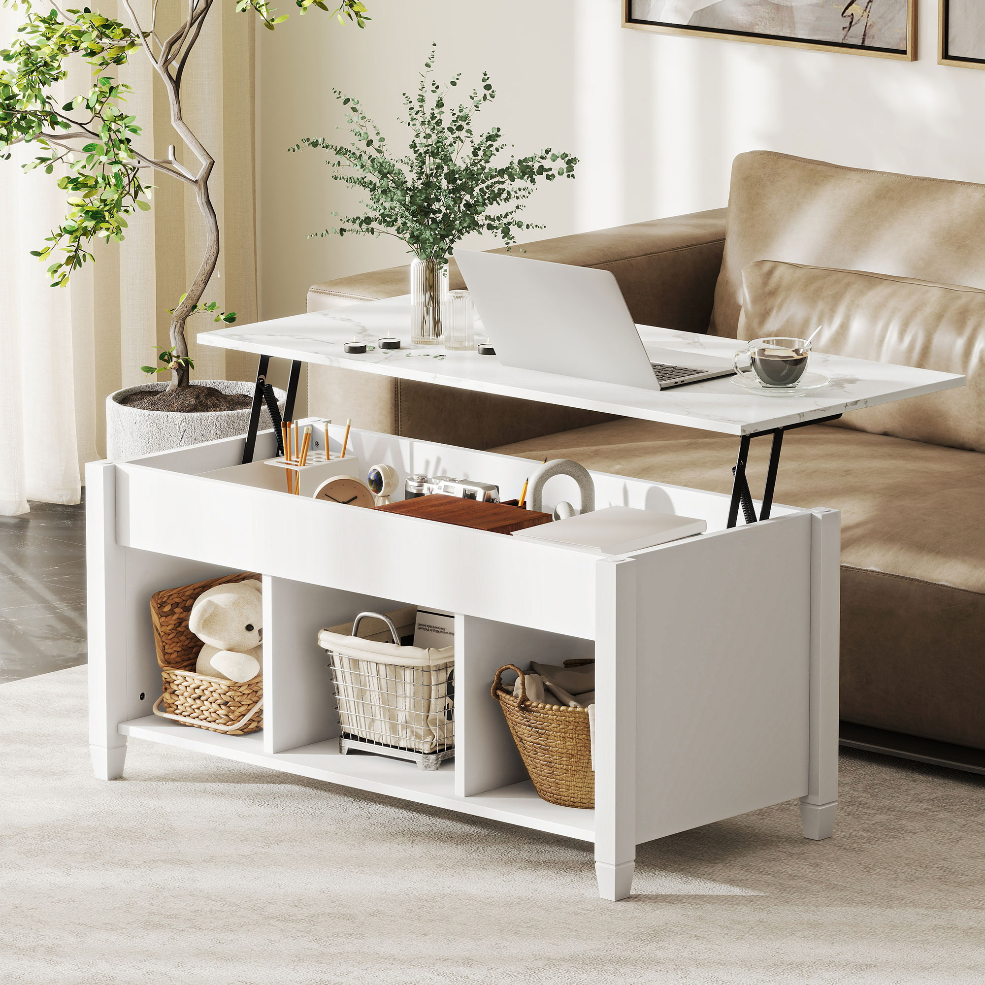 Lift Top Coffee Table, Modern Center Table with Storage Shelves and Hidden Compartment for Living Room, 41" L, White - Image 6