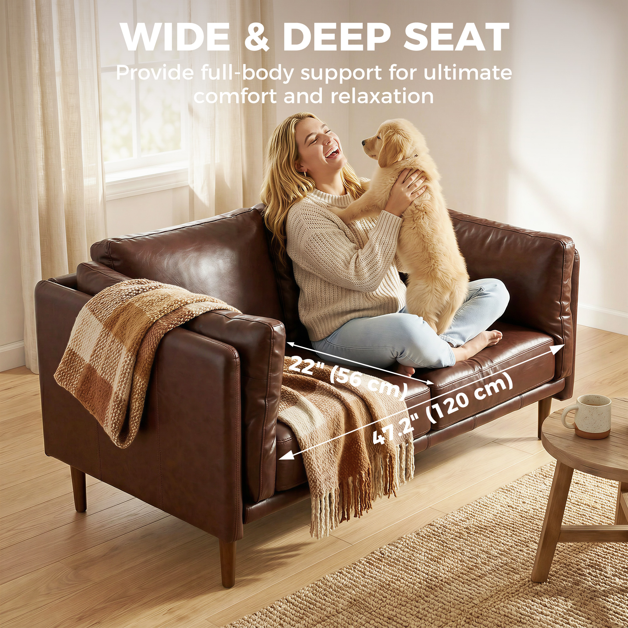 59" Loveseat Sofa, PU Leather 2 Seater Sofa with Wide Seat, High-Density Foam, Thick Cushion, Wood Legs, Brown - Image 4