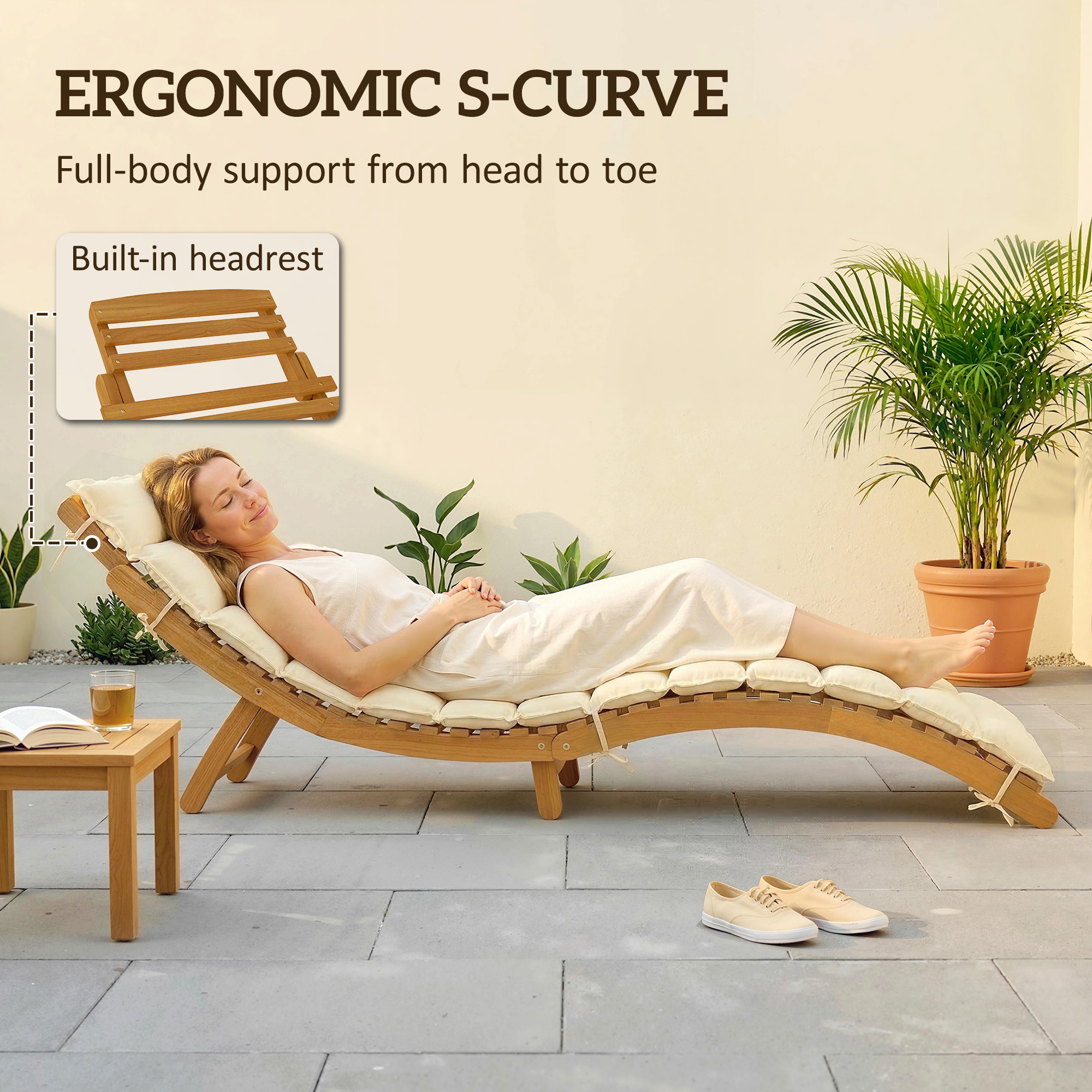 Folding Chaise Lounge Chair Outdoor, Acacia Wood Lounger Tanning Chair with Cushion, Headrest, Cream White - Image 3