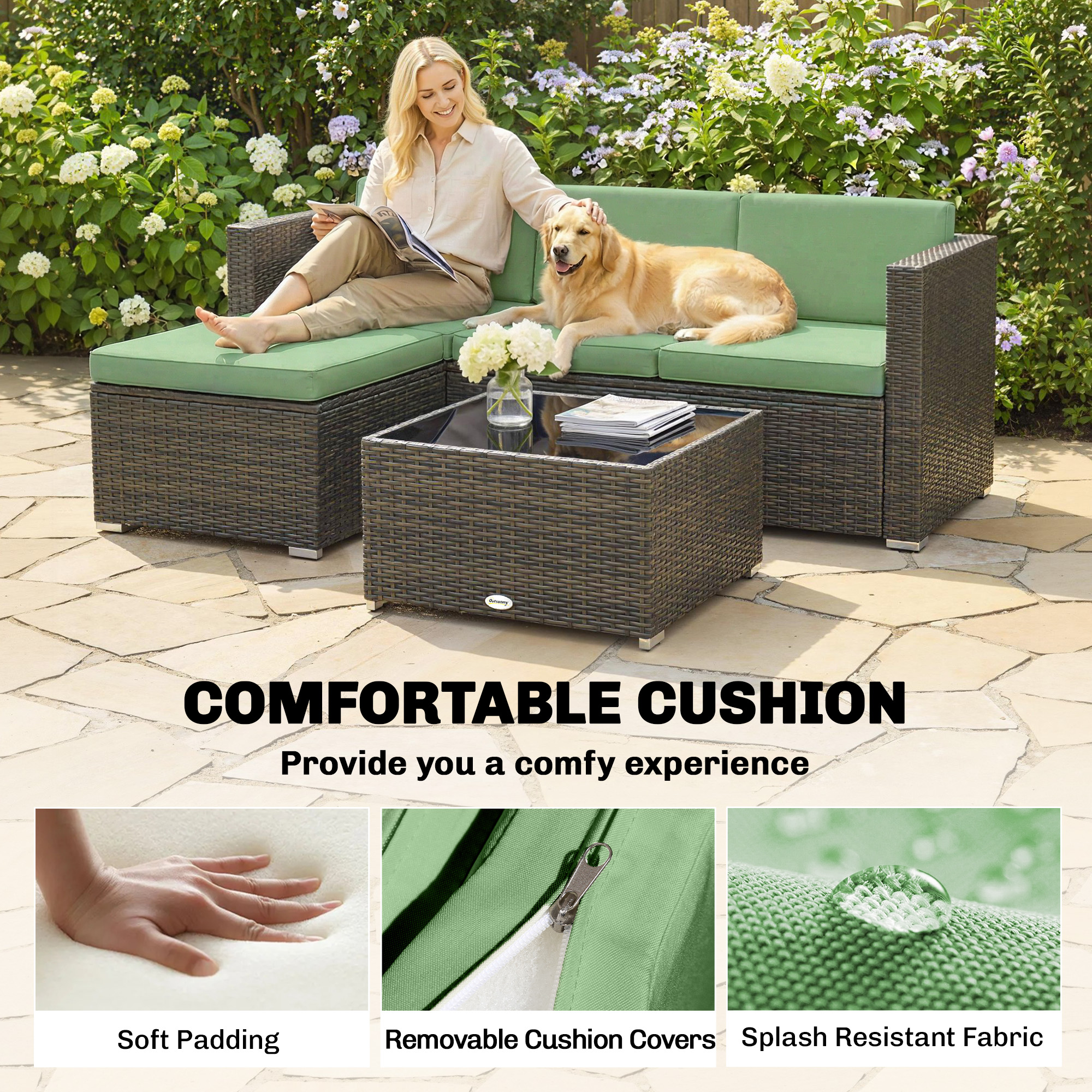 3 Pieces Patio Furniture Set with Cushions, Outdoor PE Rattan Wicker Conversation Corner Sofa Set, Light Green - Image 4