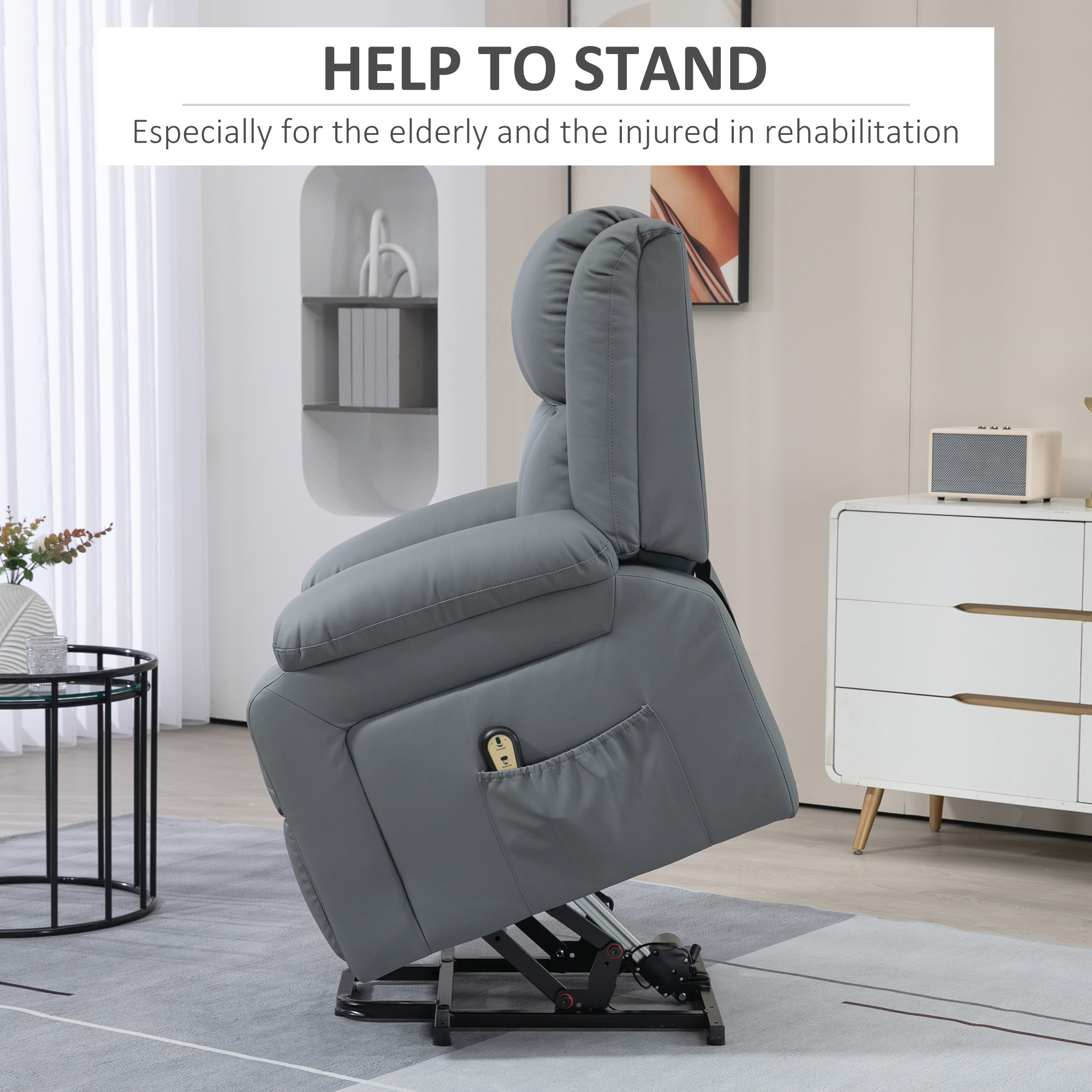 Lift Chair for Seniors, PU Leather Upholstered Electric Recliner Chair with Remote, Side Pockets, Quick Assembly, Grey - Image 2