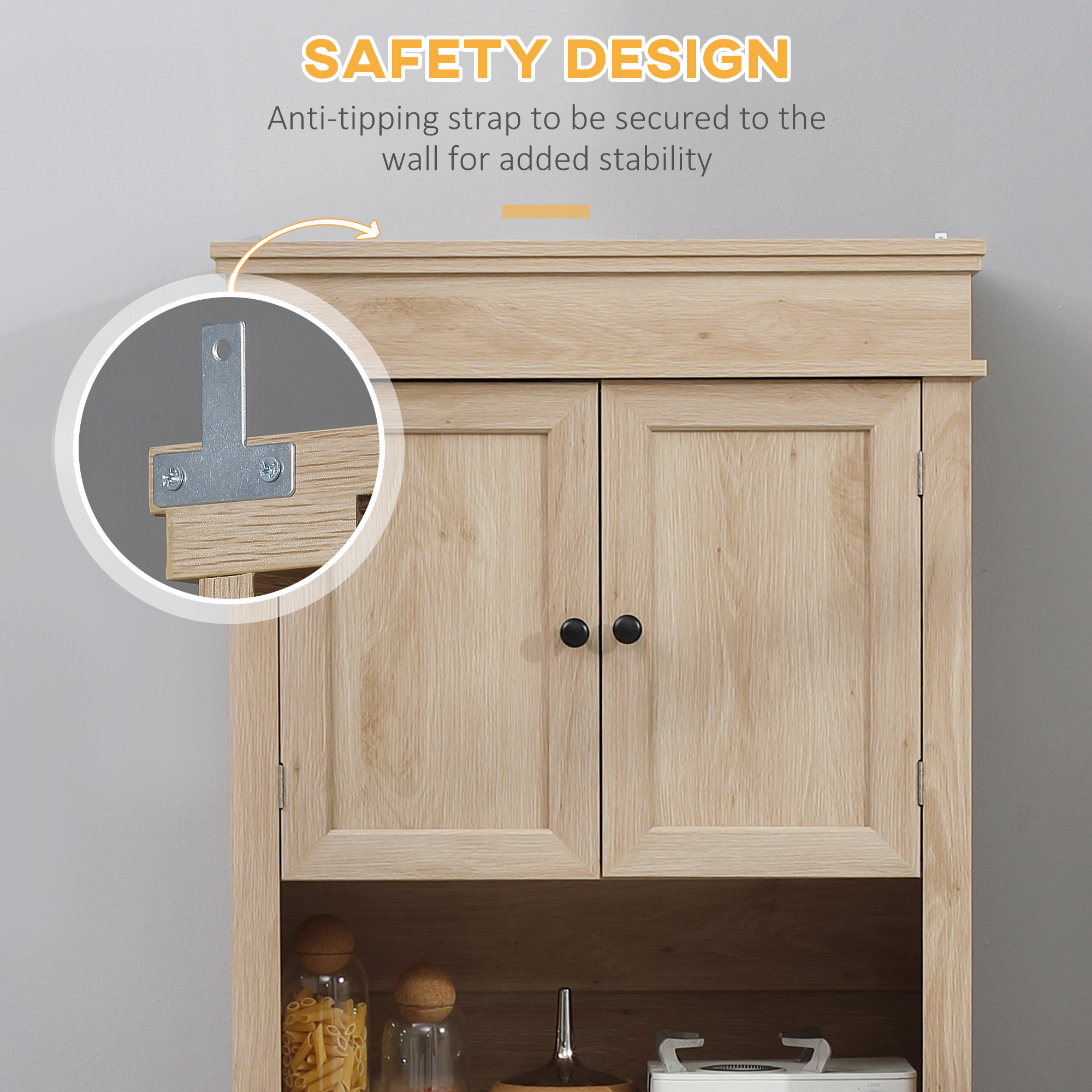 Modern Freestanding Kitchen Pantry Cabinet with Doors Open Shelves Adjustable Shelving Microwave Space, Oak - Image 4