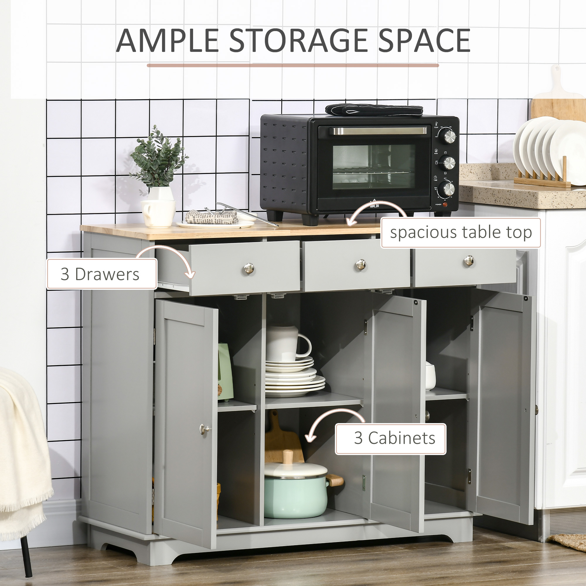 Modern Sideboard, Buffet Cabinet with Storage Cabinets, Drawers and Adjustable Shelves for Living Room, Grey - Image 2