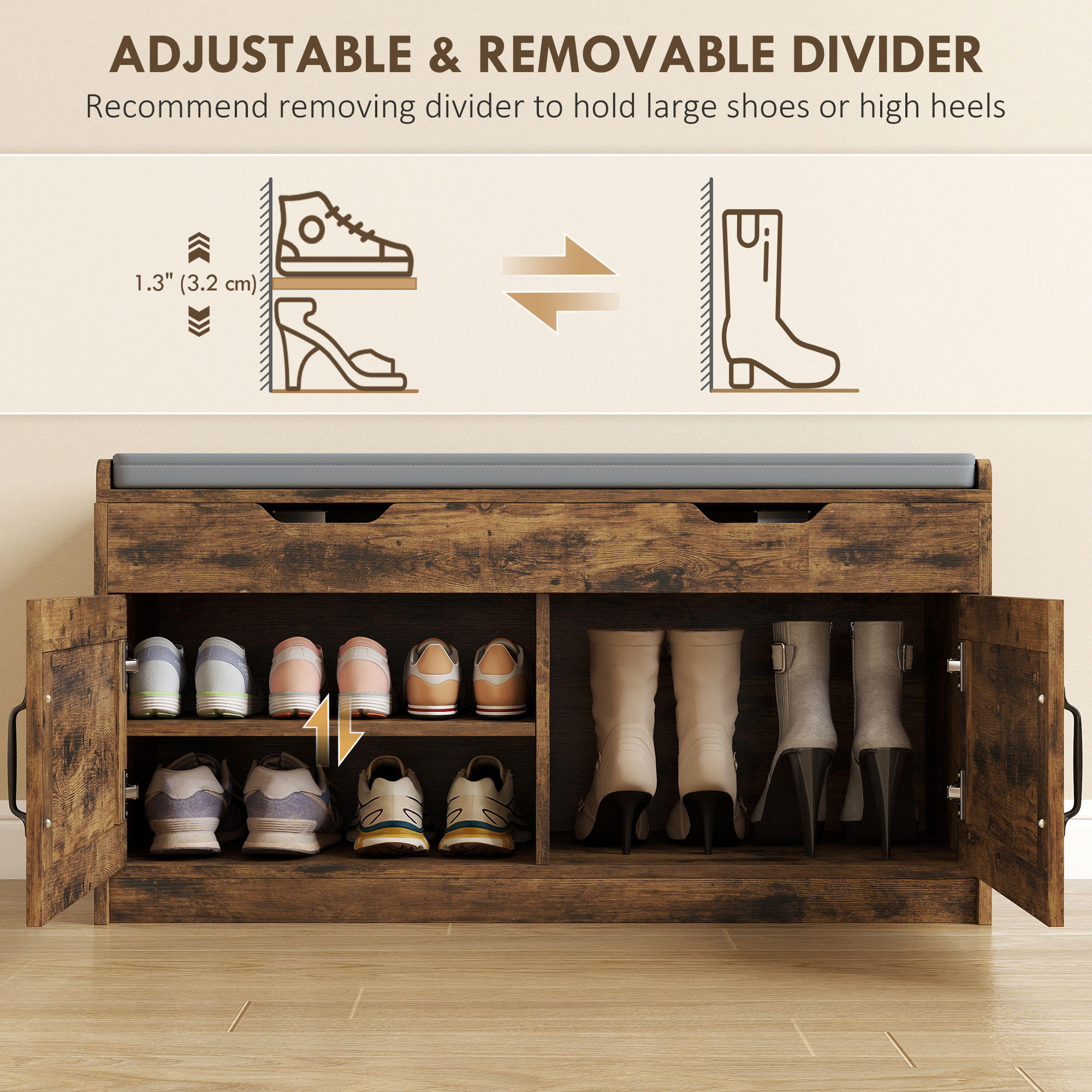 Shoe Storage Bench, Entryway Bench with 2-Tier Cabinet, Flip-Top Storage, Padded Cushion for Hallway, Rustic Brown - Image 3