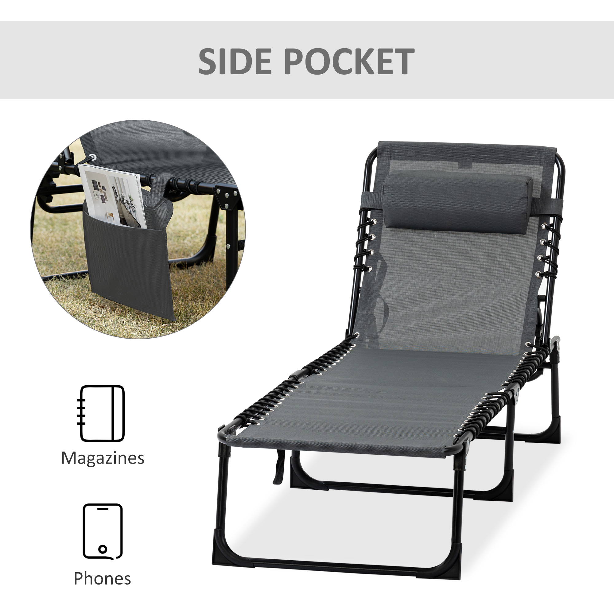 Outdoor Folding Chaise Lounge, Reclining Lounge Chair with Adjustable Backrest and Removable Pillow, Grey - Image 5