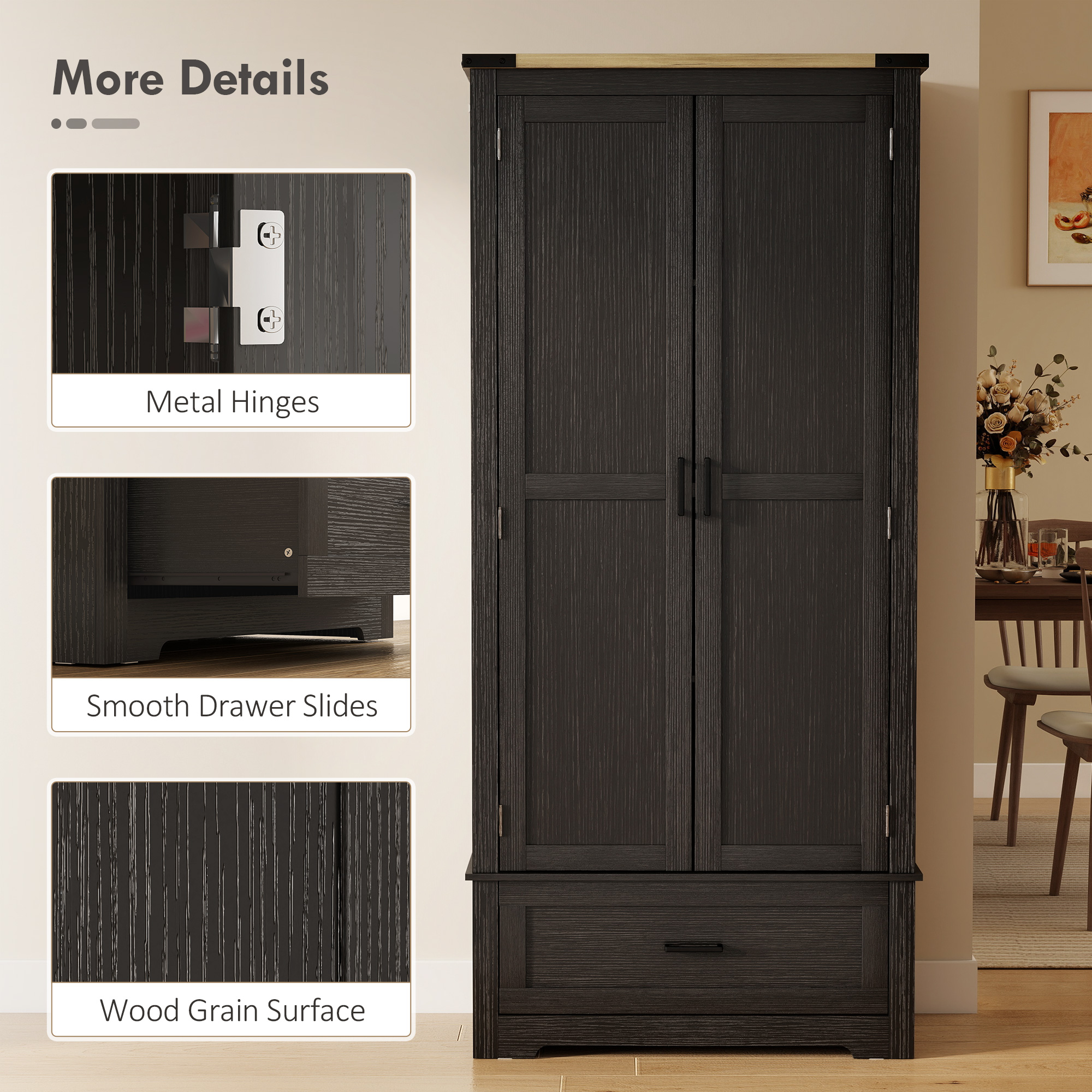 69" Tall Farmhouse Kitchen Pantry Cabinet with 2 Doors, Drawer and Adjustable Shelves, Black and Brown - Image 5