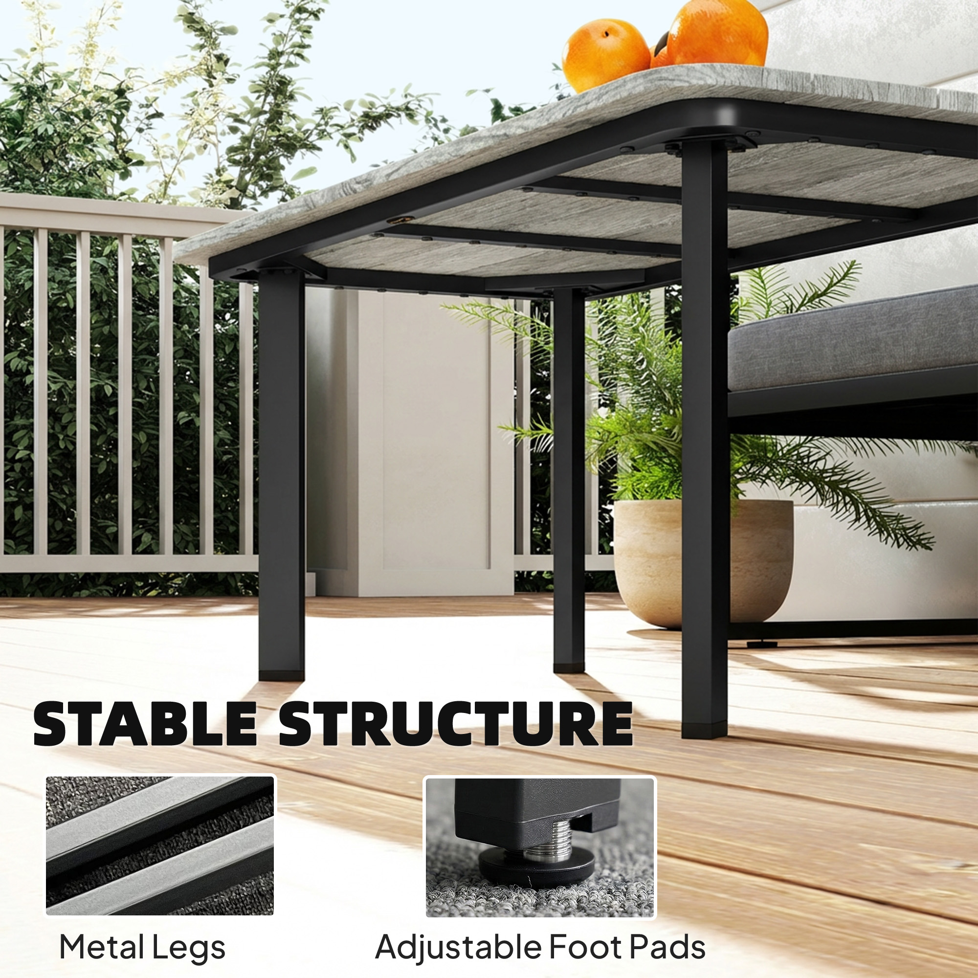 Outdoor Garden Coffee Table, Patio Table with Slatted Wood Plastic Composite Top and Steel Frame, Grey - Image 4