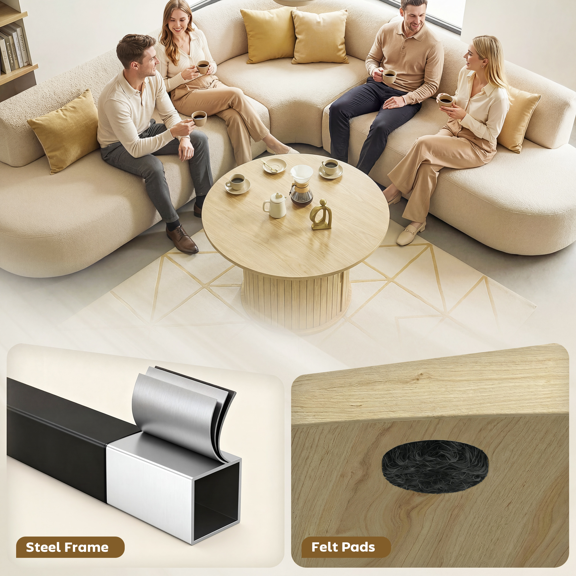 Round Coffee Table, 31.5" Center Table, Natural Wood - Image 5