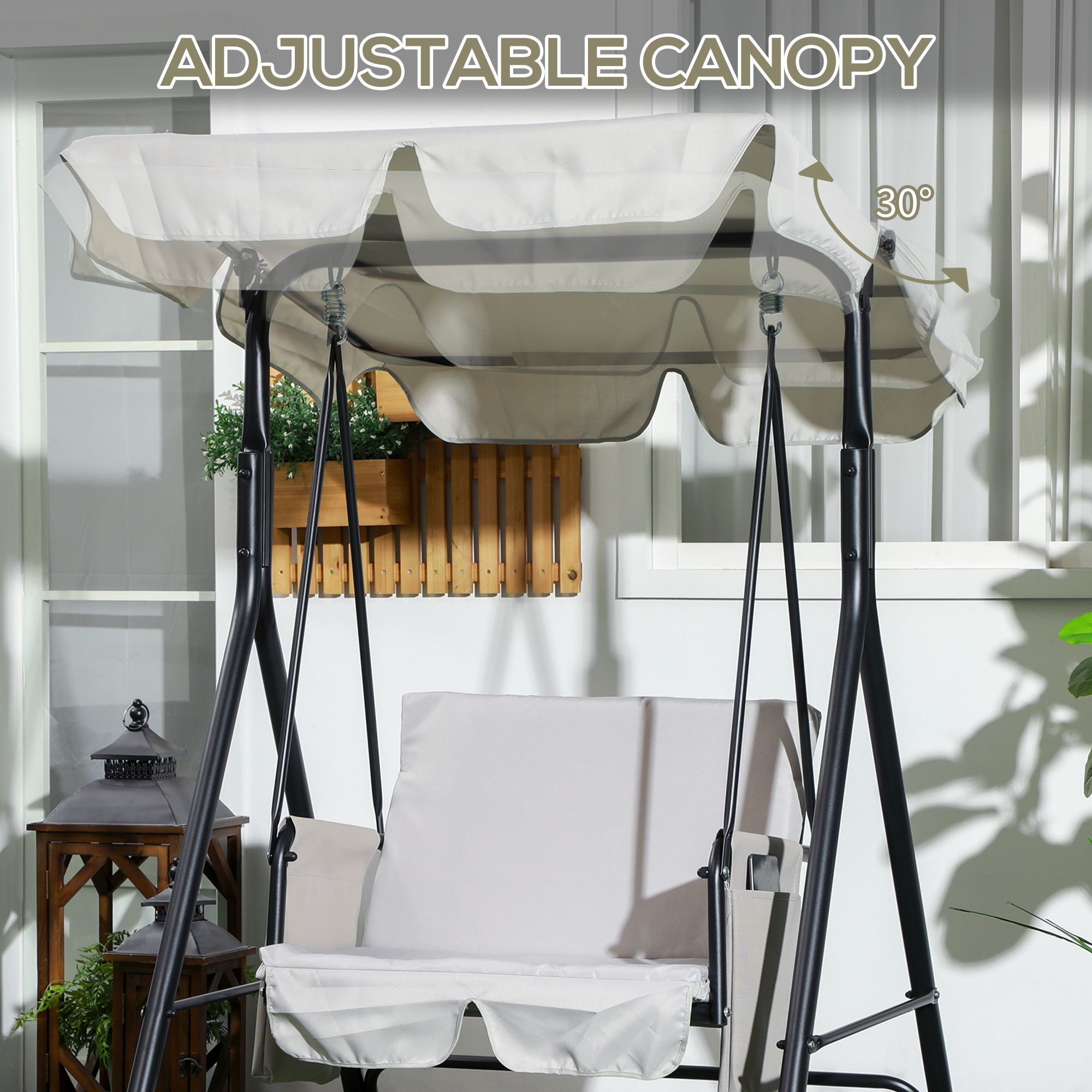 1-Seat Outdoor Porch Swing Patio Swing with Adjustable Canopy, Removable Seat and Back Cushion for Garden, Poolside - Image 3