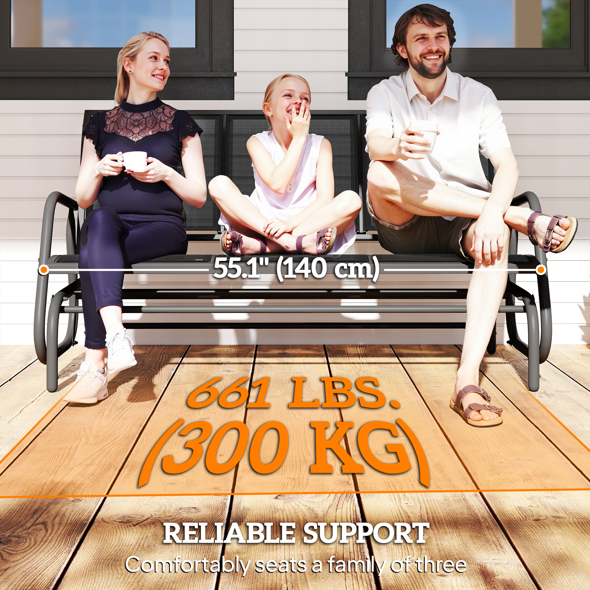 3-Seat Outdoor Glider Chair, Patio Rocking Chair, Steel Frame, Sling Fabric Seat for Garden, Backyard, Lawn, Grey - Image 5