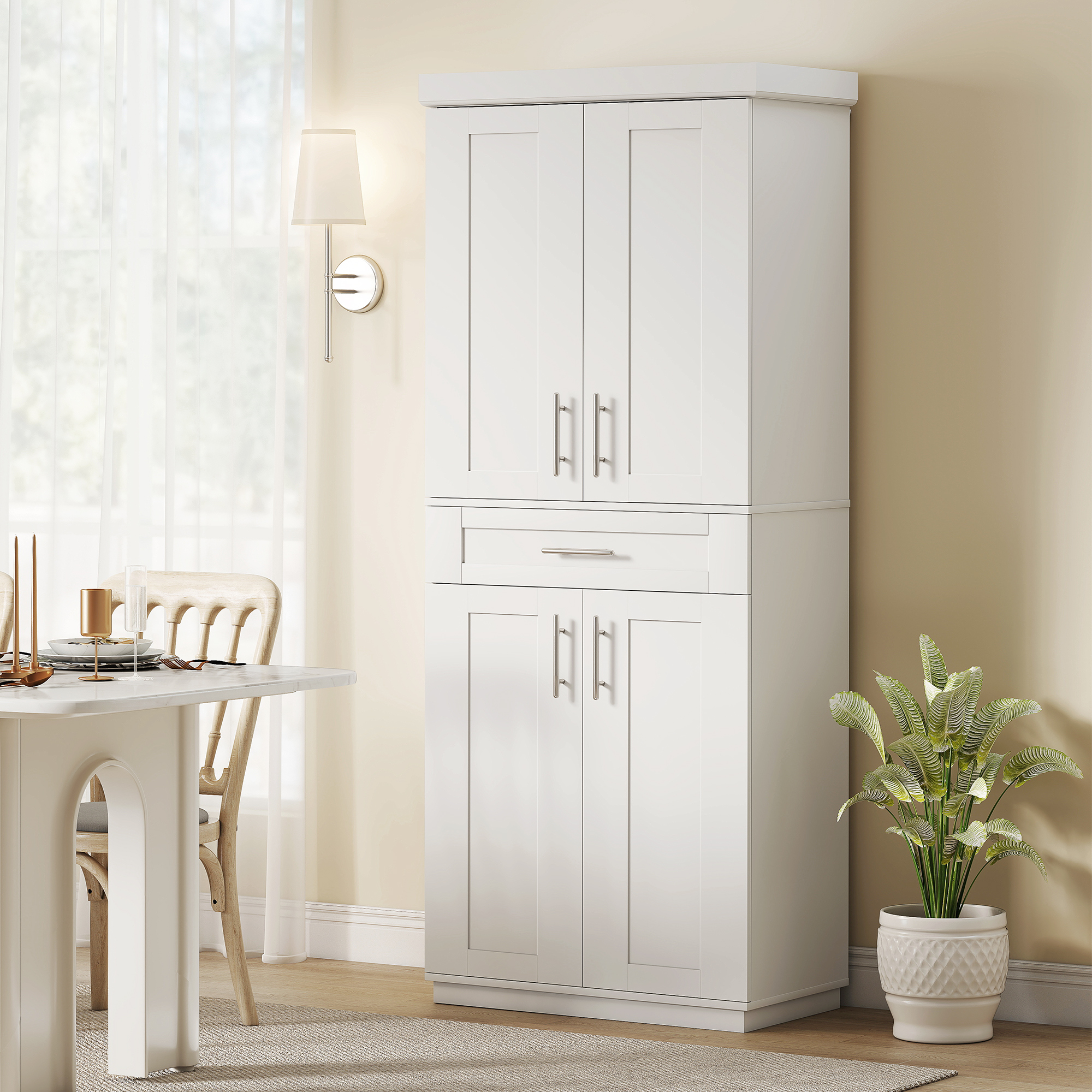 72" Storage Cabinet, Freestanding Kitchen Pantry Cabinet with 4 Doors, Drawer and 3 Adjustable Shelves, White - Image 6