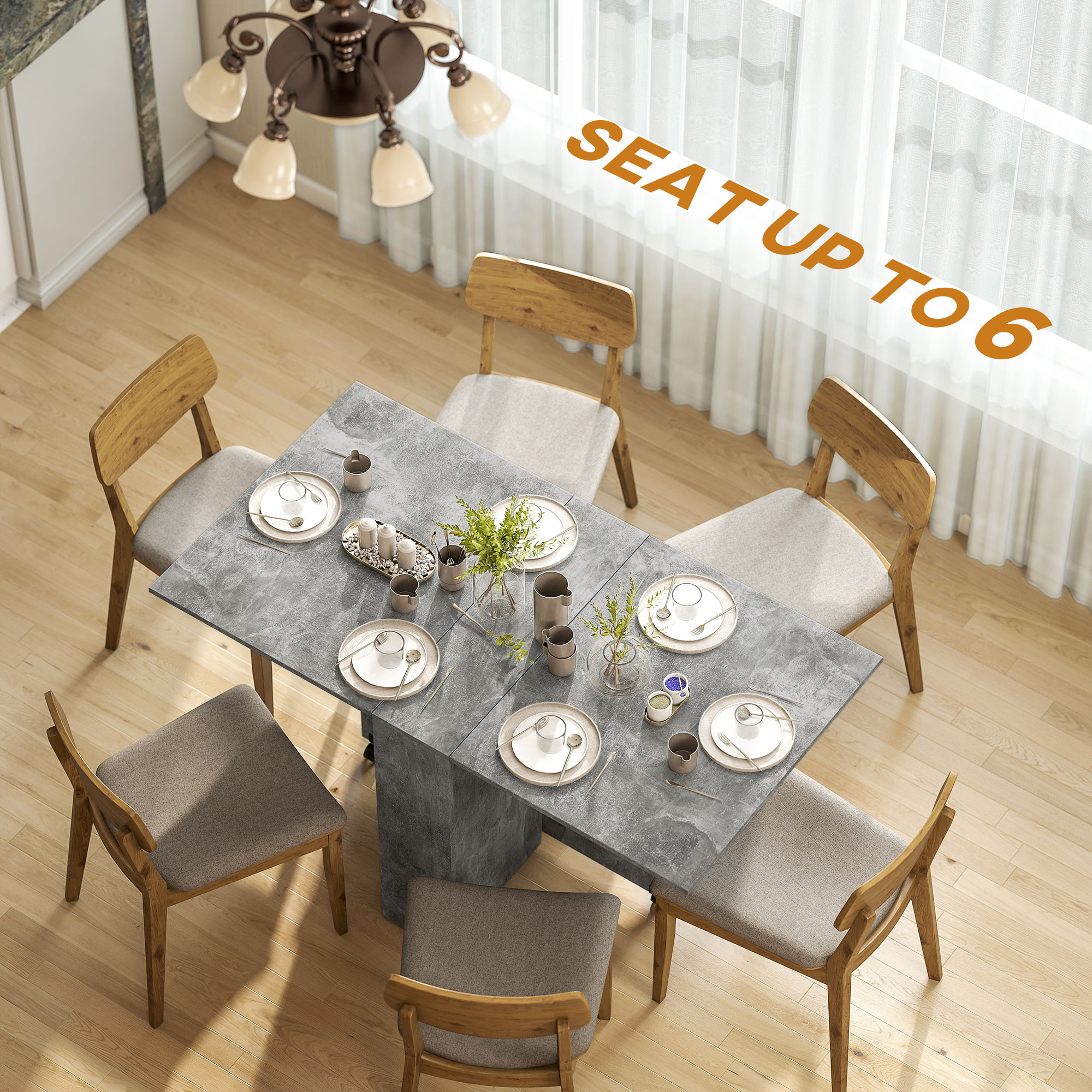 Extendable Dining Table, Collapsible Folding Table w/ 2-tier Shelves and Rolling Casters, Grey - Image 3