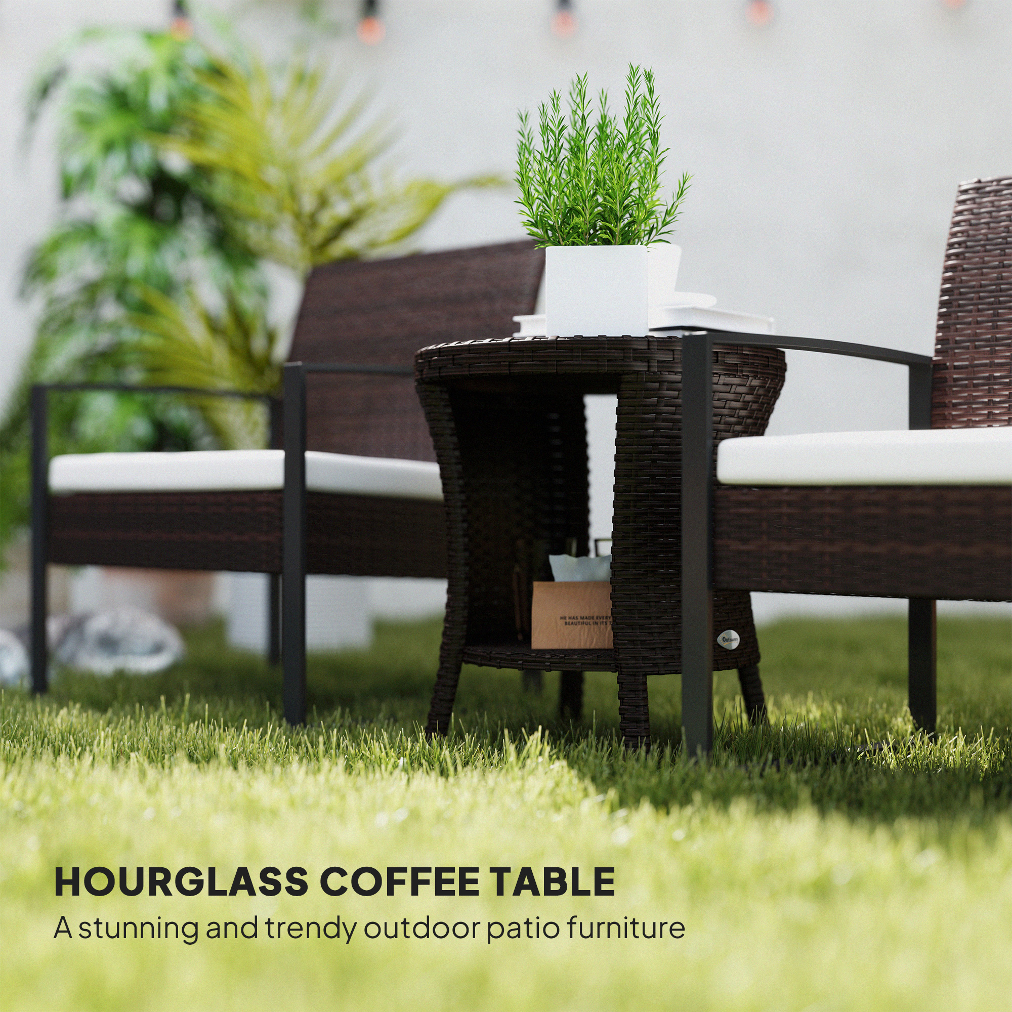 18" Wicker Outdoor Coffee Table, PE Rattan Patio Side Table with 2-Tier Storage, Composite Wood Top, Brown - Image 2