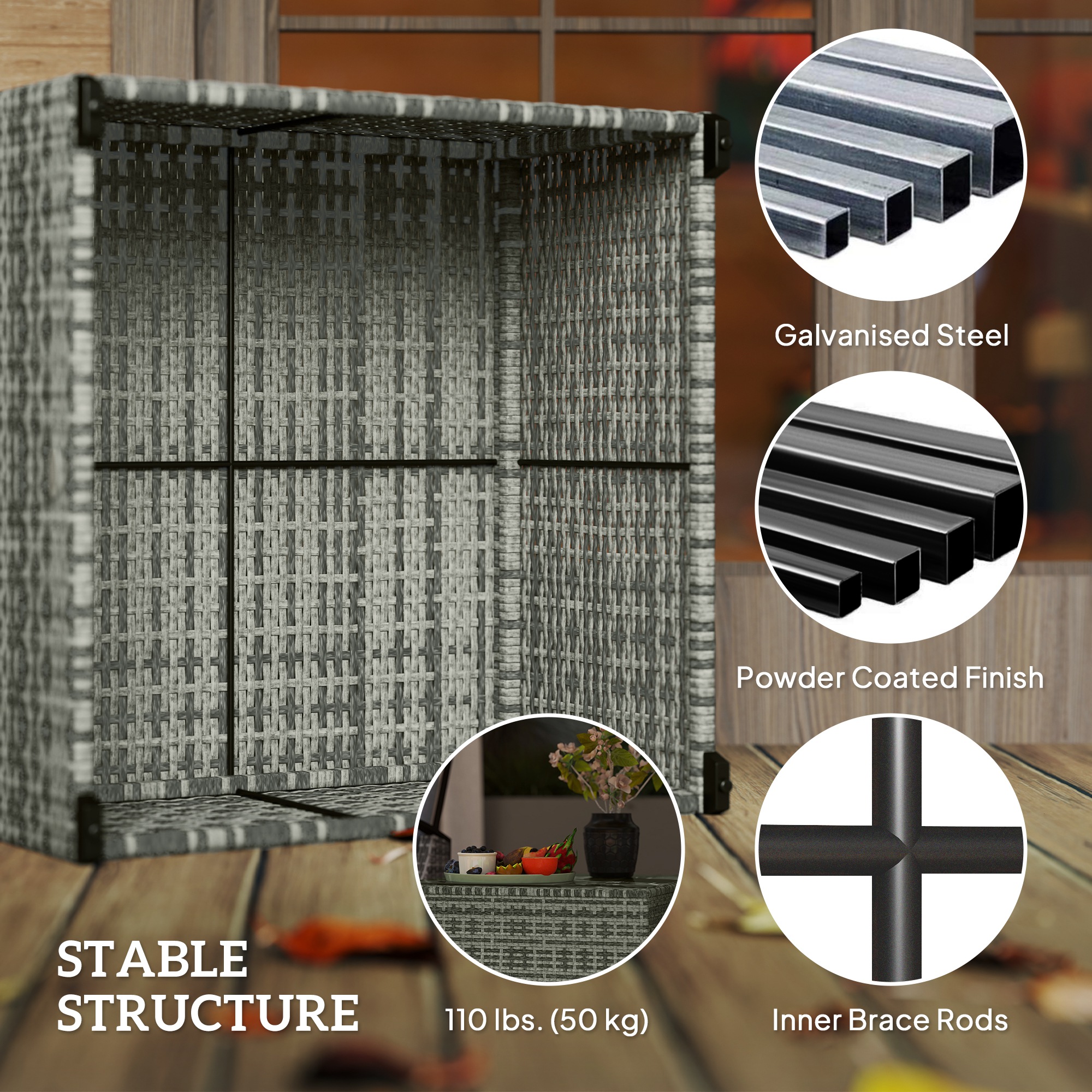24.4" Patio Wicker Coffee Table, PE Rattan Outdoor Side Table with Tempered Glass Top, Light Grey - Image 4