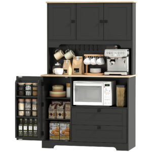 Kitchen Pantry Cabinet, 64" Tall Kitchen Hutch with 3 Cabinets, 2 Drawers, Adjustable Shelves, Microwave Stand, Black