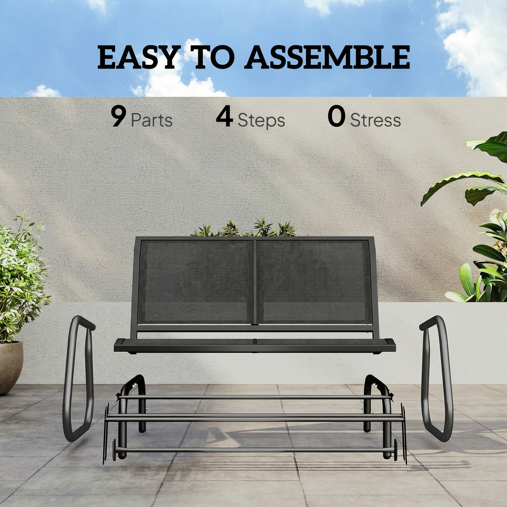 Outdoor Glider Bench, 2 Seater Garden Patio Glider Chair with Sling Fabric Seat, Steel Frame, Black - Image 3