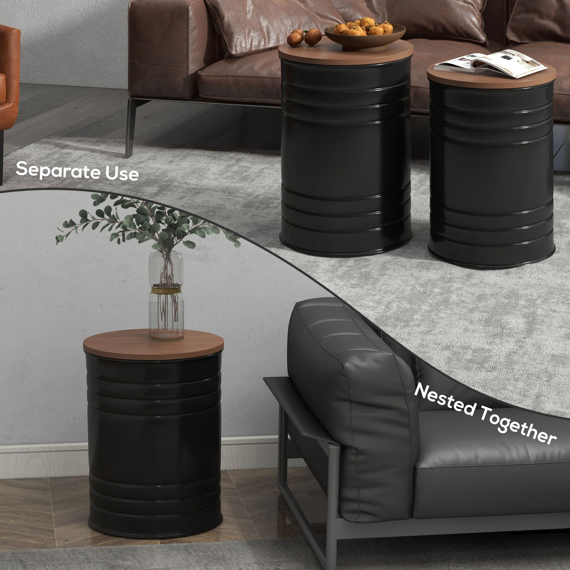 Round Side Table Set of 2, Nesting Coffee Tables w/ Wooden Lid, Metal Frame and Hidden Storage Space for Bedroom, Black - Image 2