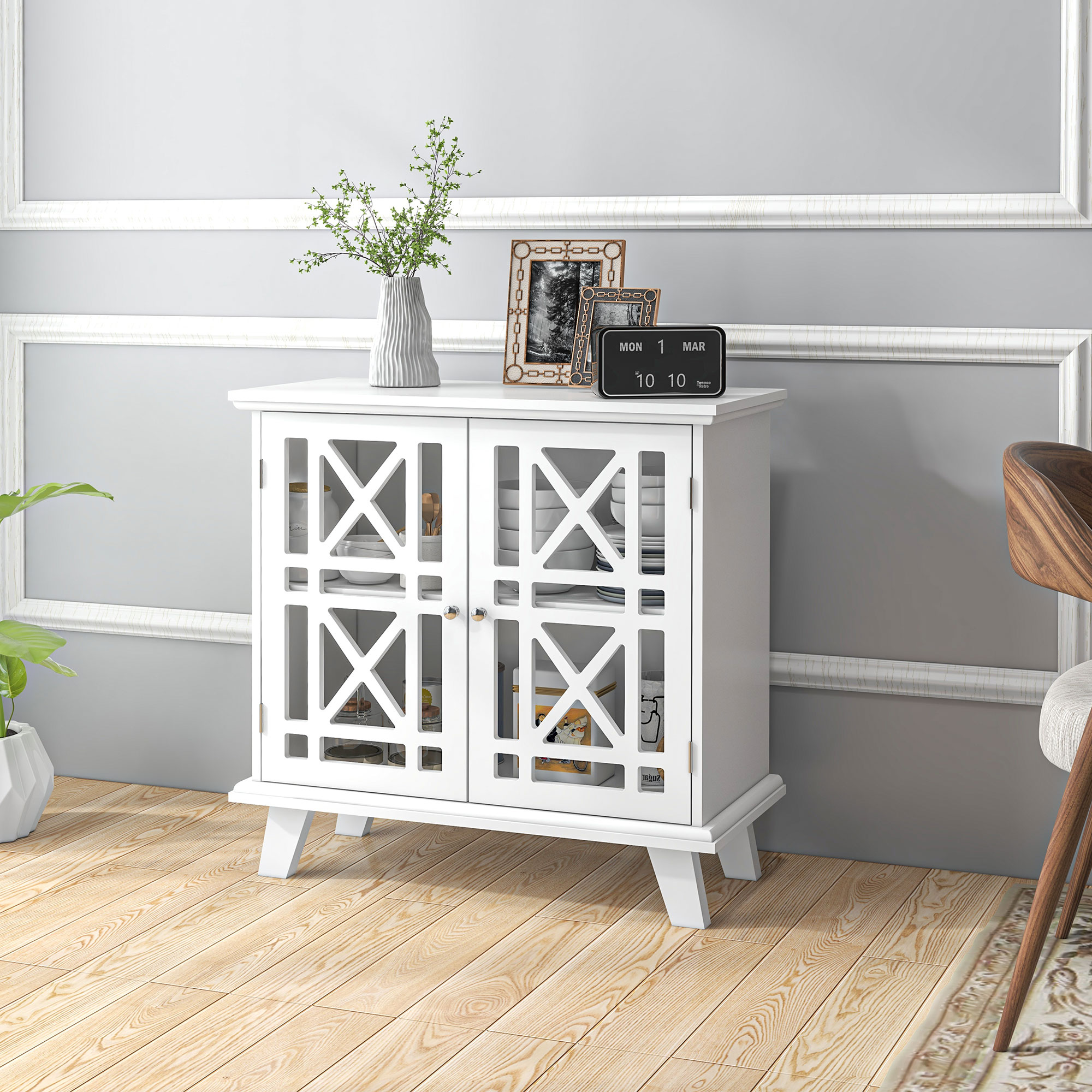 Storage Cabinet with Fretwork Doors and Shelf, Modern Freestanding Sideboard, Buffet, White - Image 6