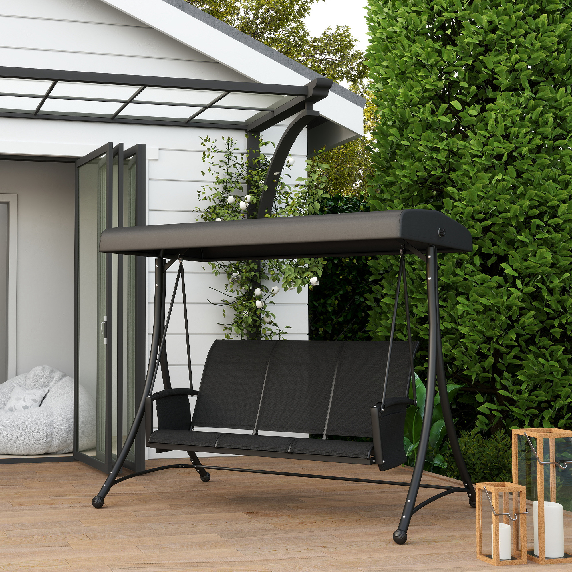 3 Person Outdoor Porch Swing Chair with Adjustable Canopy, Black - Image 6