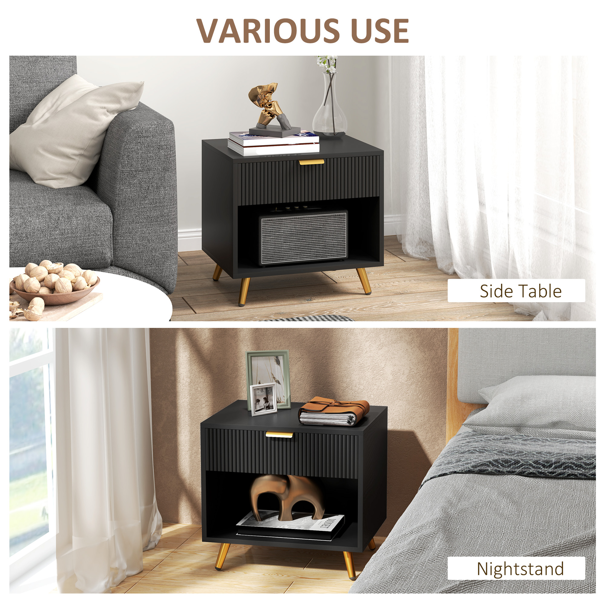 Nightstand with Fluted Panel, Bedside Table with Drawer and Open Compartment, Modern Night Table for Bedroom, Black - Image 4