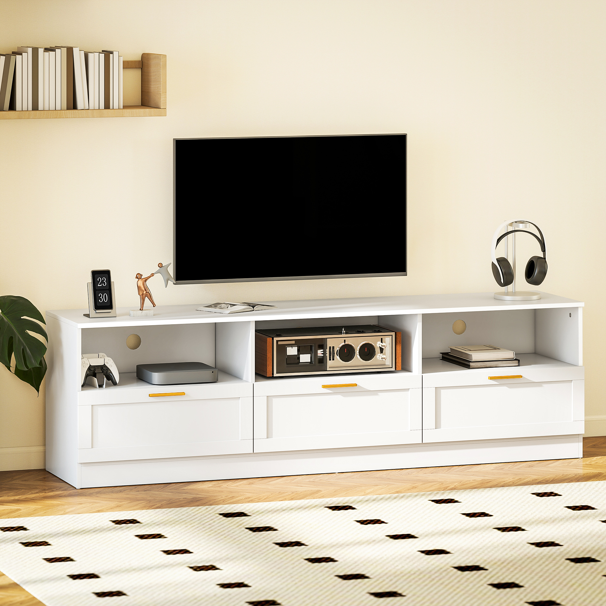 TV Stand with Storage, Modern Entertainment Center with 3 Cabinets and 3 Open Shelves, for TVs up to 85", White - Image 5