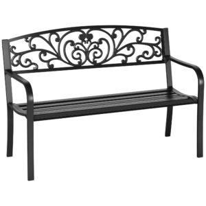 50" 2-Seater Garden Bench Chair, Outdoor Blossoming Pattern Garden Decorative Loveseat Bench for Yard, Lawn, Porch, Black