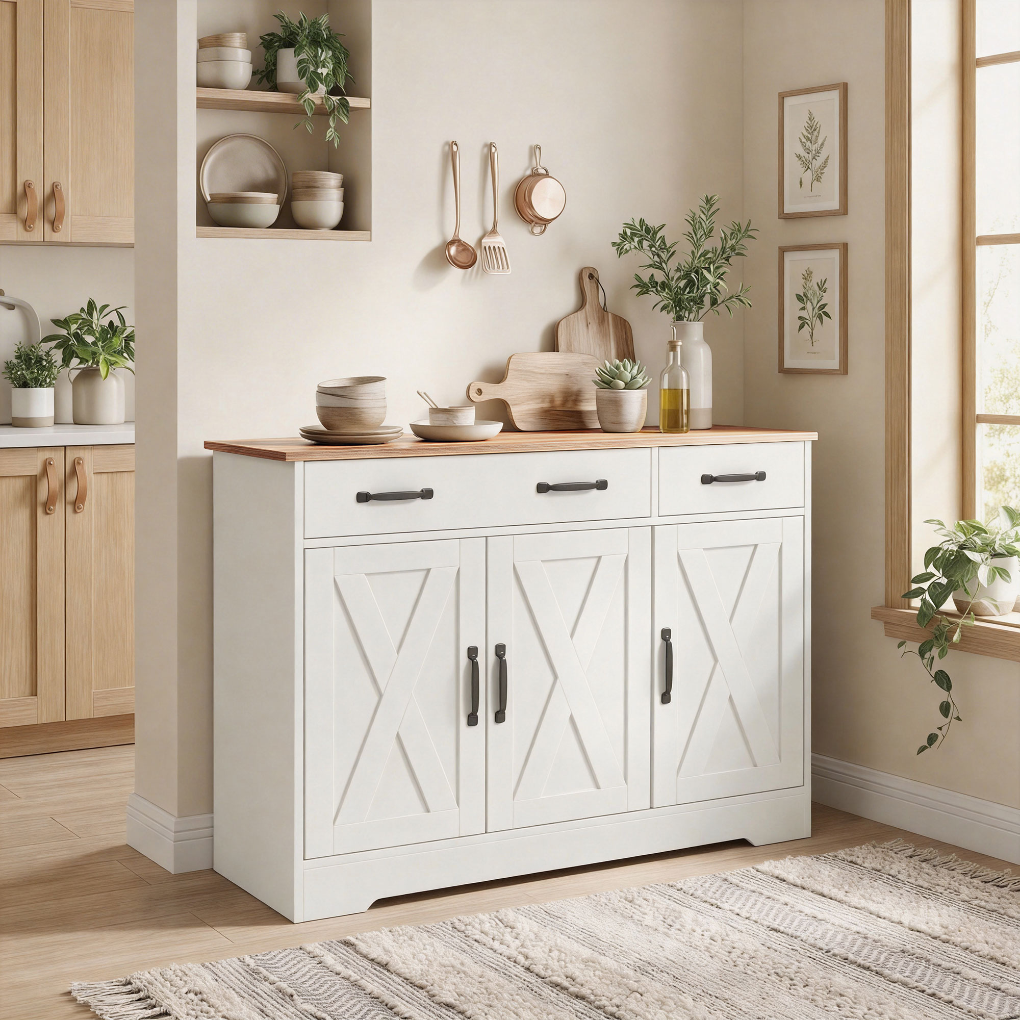 Sideboard Buffet Cabinet, 43" Farmhouse Kitchen Cabinet with 3 Barn Doors, 2 Drawers, 2 Adjustable Shelves, White - Image 6