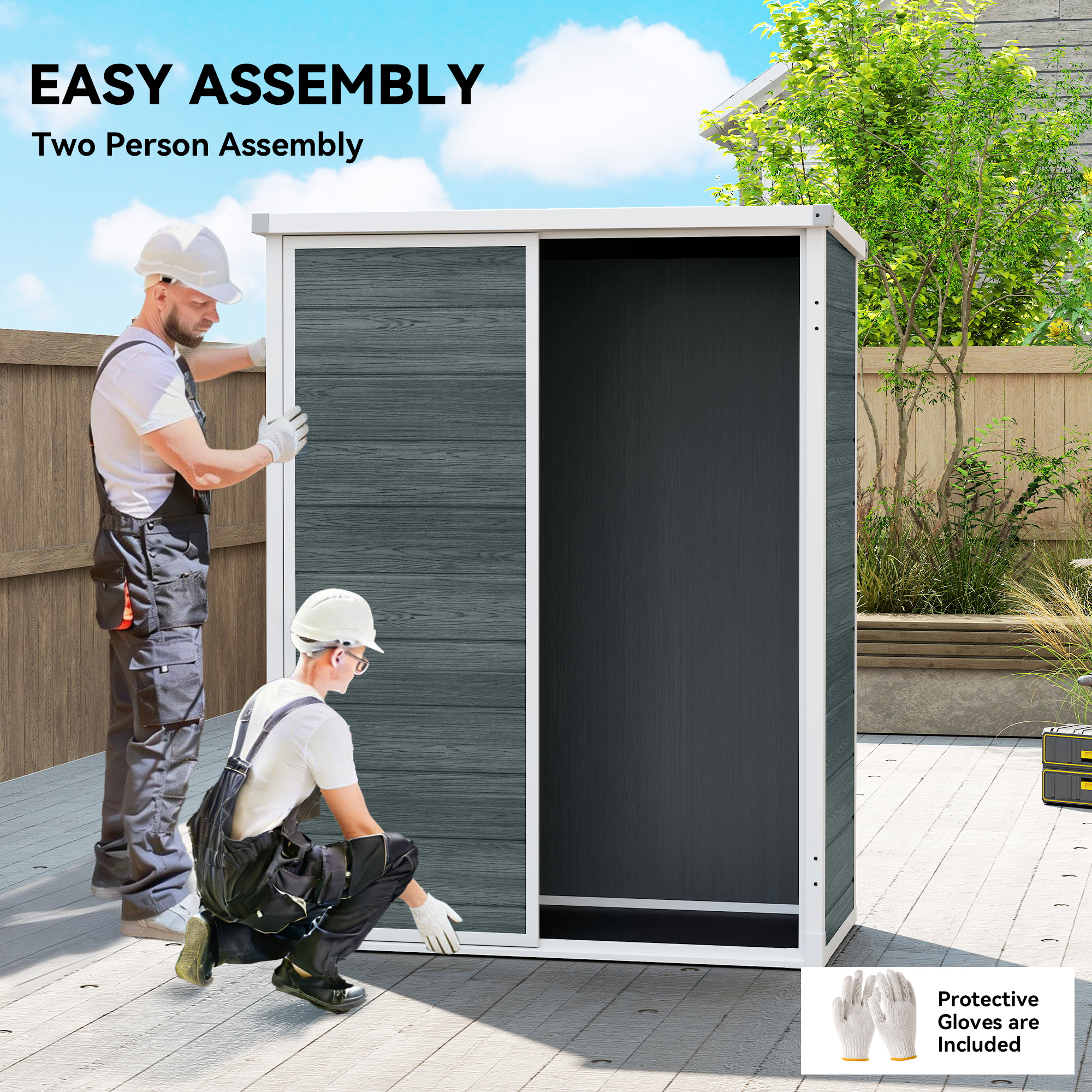 Outdoor 4.4' x 2.3' Plastic Storage Shed with Lockable Doors and Foldable Shelves, Wood-Effect Garden Shed, Grey - Image 5
