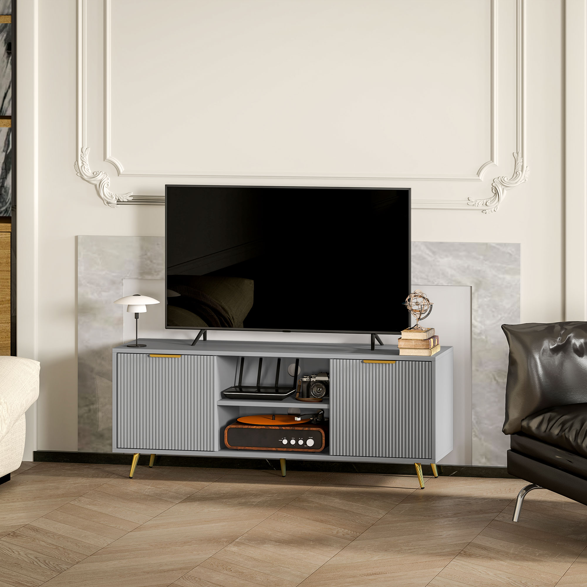 TV Stand with Storage for 55 Inch TV, Modern TV Cabinet with 2 Open Shelves and 2 Cabinets for Living Room, Grey - Image 5