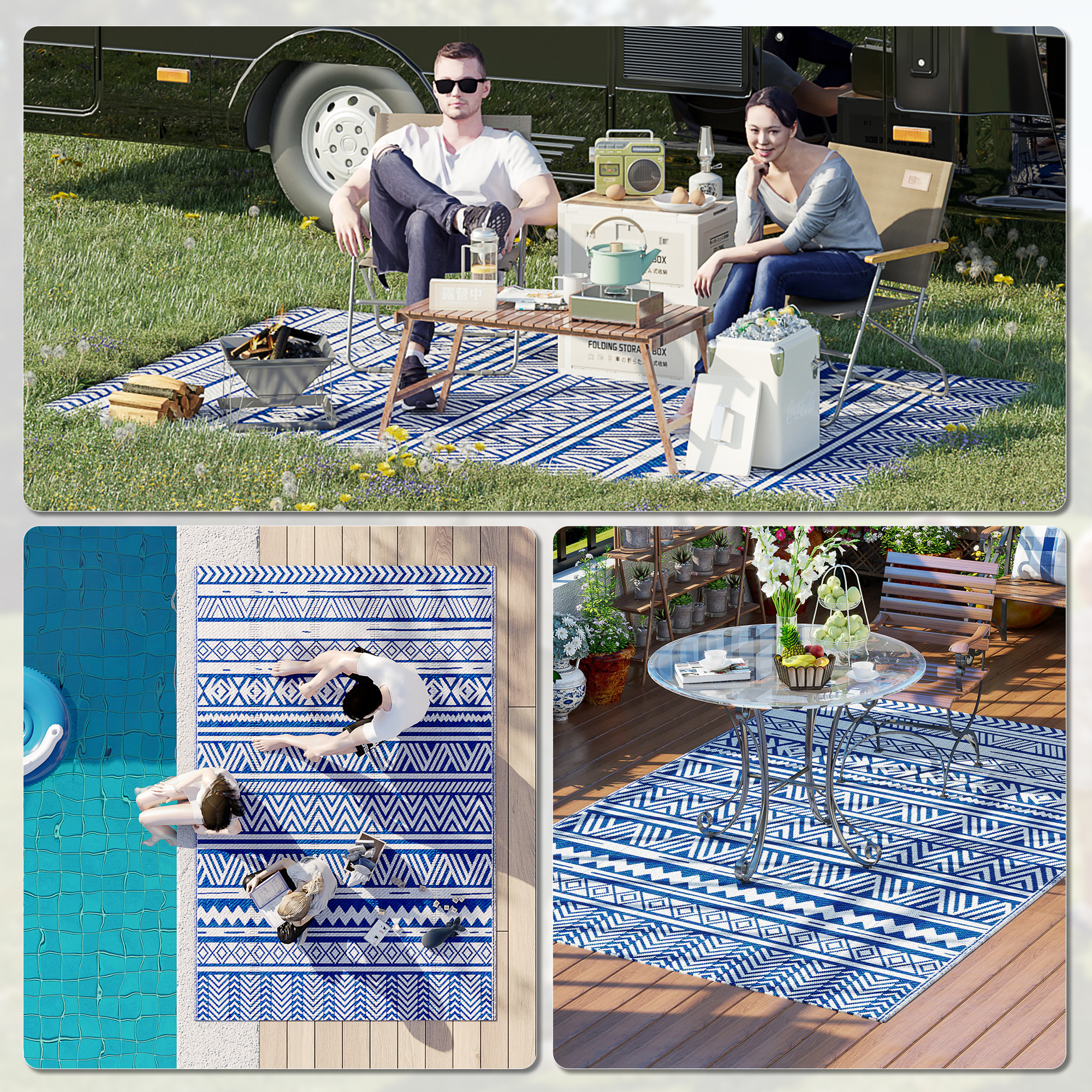Reversible Outdoor Rug, Patio Floor Mat, 6' x 9' Plastic Rug for Backyard, Deck, Beach, Camping, Dark Blue and White - Image 3