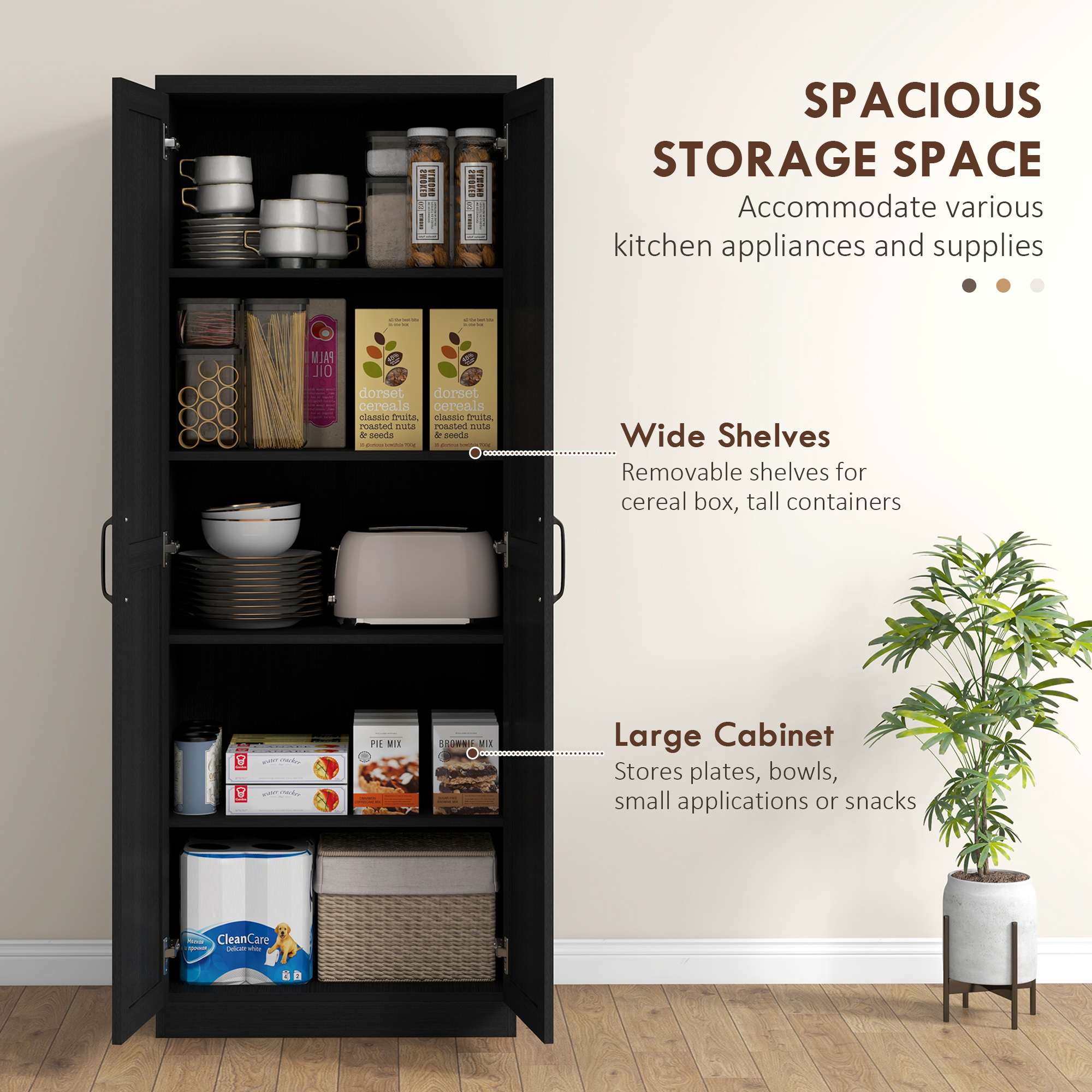 63" Kitchen Storage Cabinet, 5-tier Pantry Cabinet with Doors and Adjustable Shelves for Dining Room, Black - Image 2