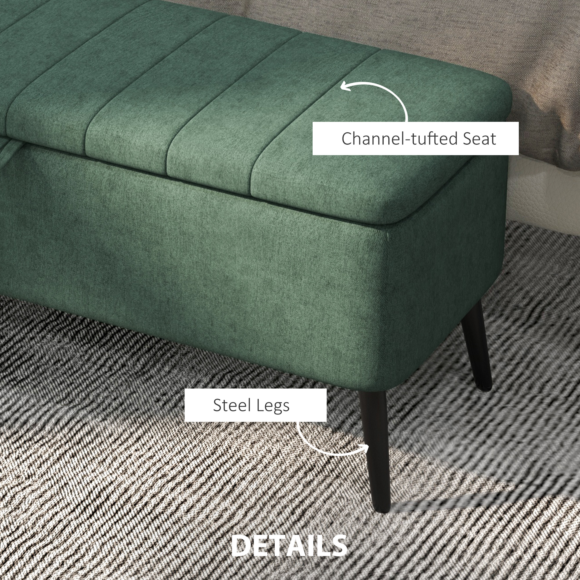 40" Ottoman with Storage, Linen Upholstered Storage Ottoman Bench with Steel Legs for Living Room, Bedroom Dark Green - Image 4