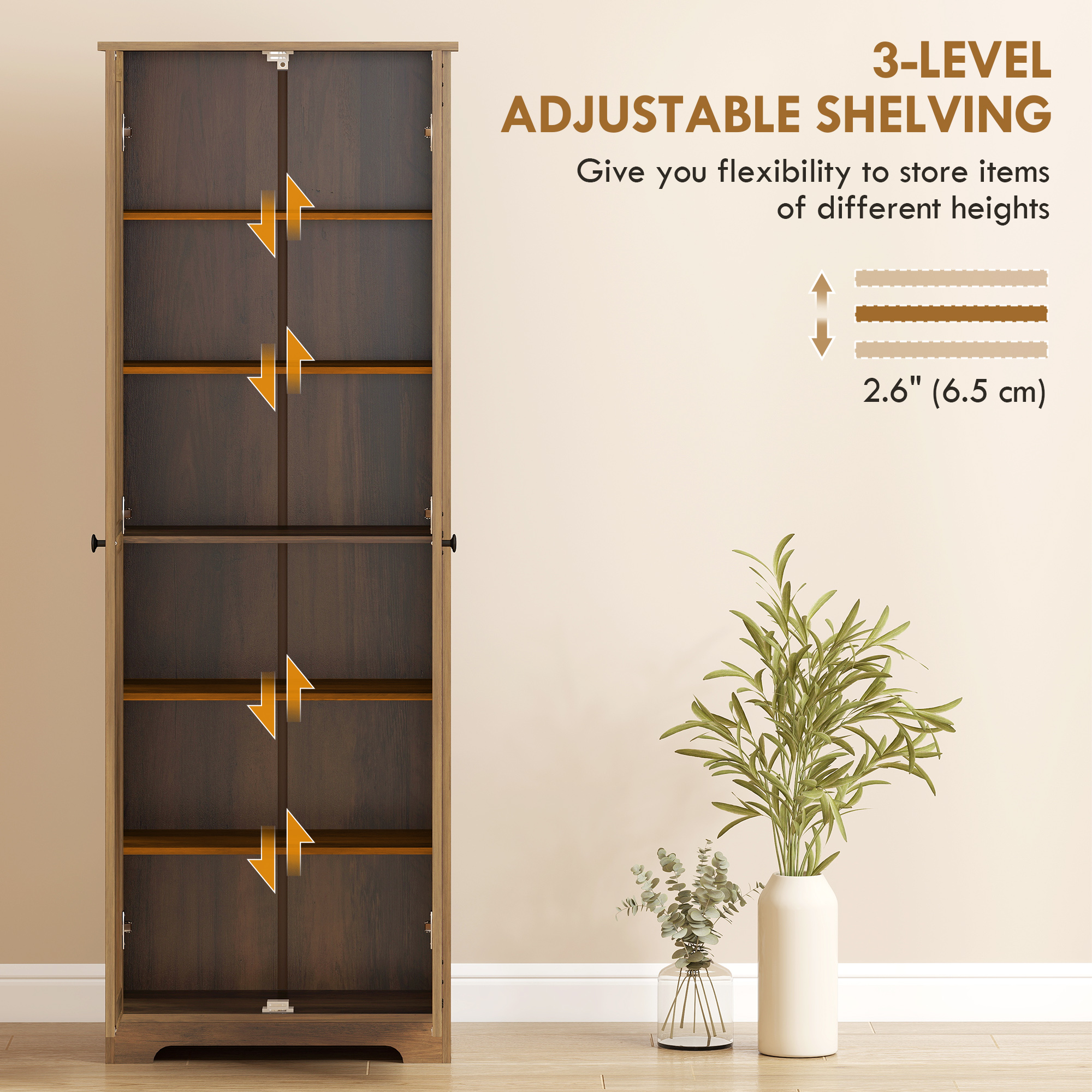 67" Farmhouse Pantry Cabinet with 2 Doors, Tall Storage Cabinet with Adjustable Shelves, Brown Wood Grain - Image 3