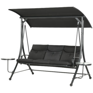 3-Seat Outdoor Swing Chair Steel Swing Bench with Adjustable Canopy & Coffee Tables & Cushion for Patio Garden, Black